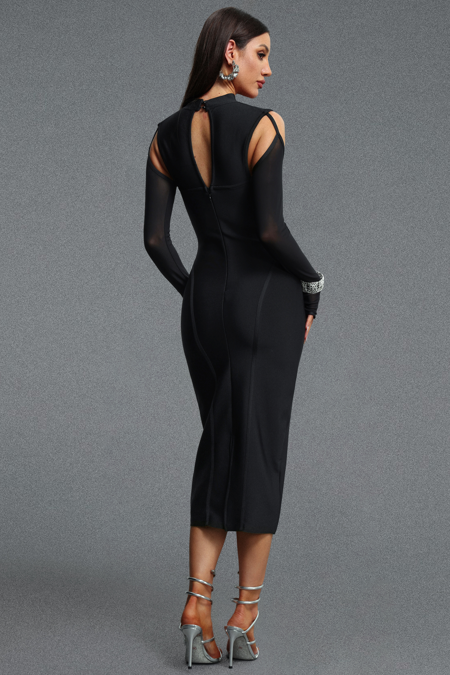 Roie Sophisticated Sequin Spaghetti Strap Sheer Long Sleeve Bandage Midi Dress