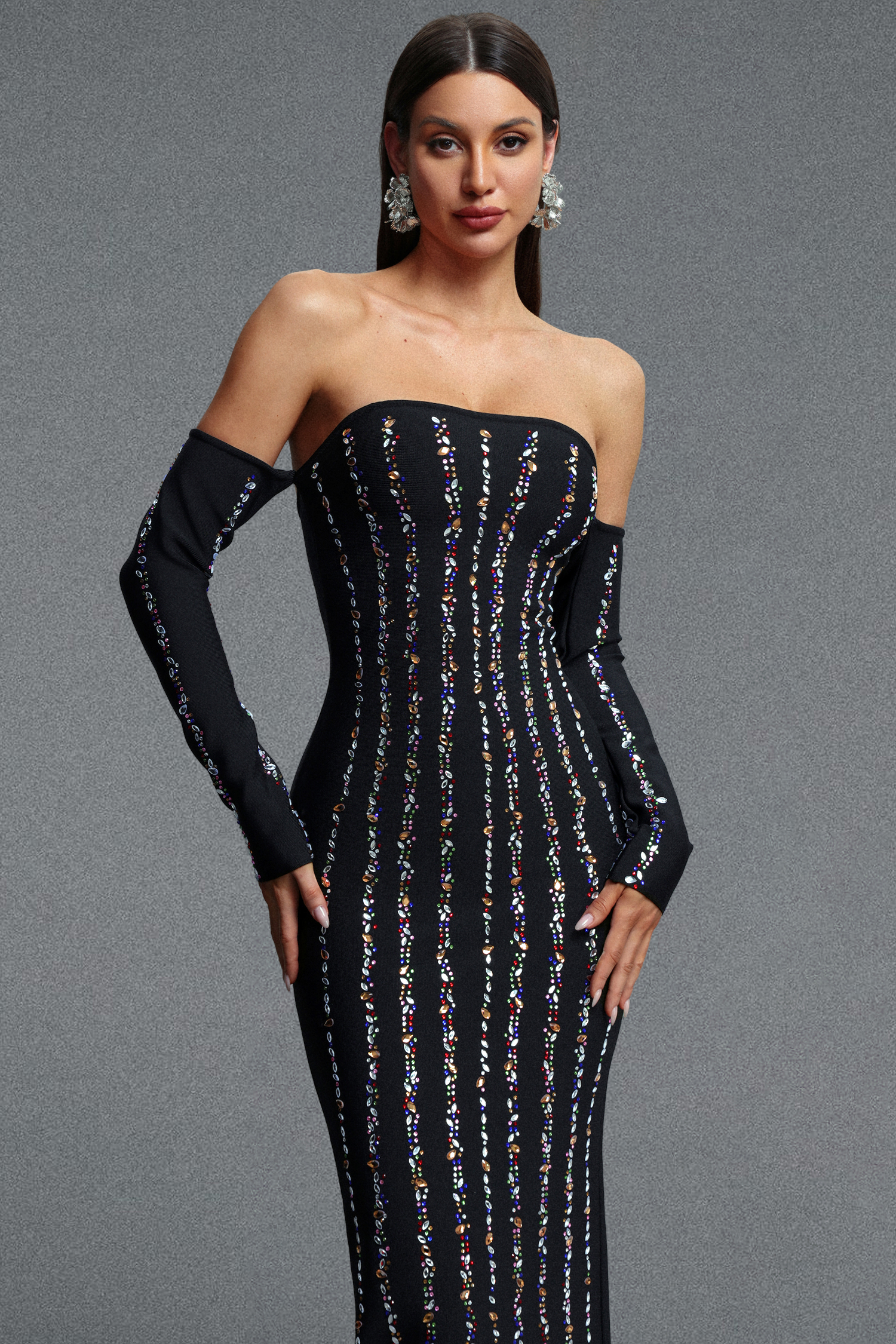 Gilda Glamorous Contour Strapless Long Sleeve Rhinestone Embellished Stripe Bandage Maxi Dress