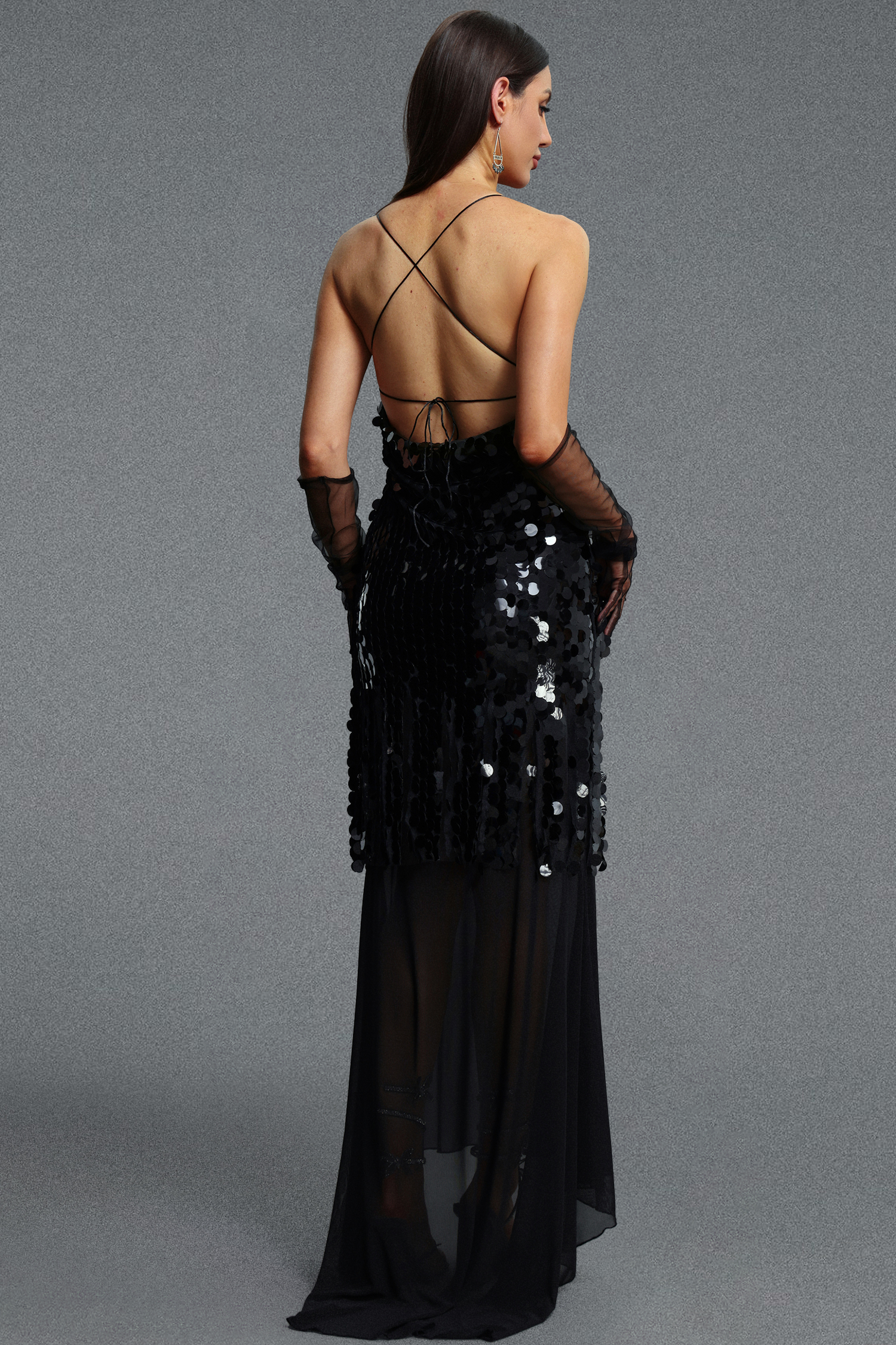 Ferlia Stylish Contour V Neck Cami Strap Sequin Woven Maxi Dress