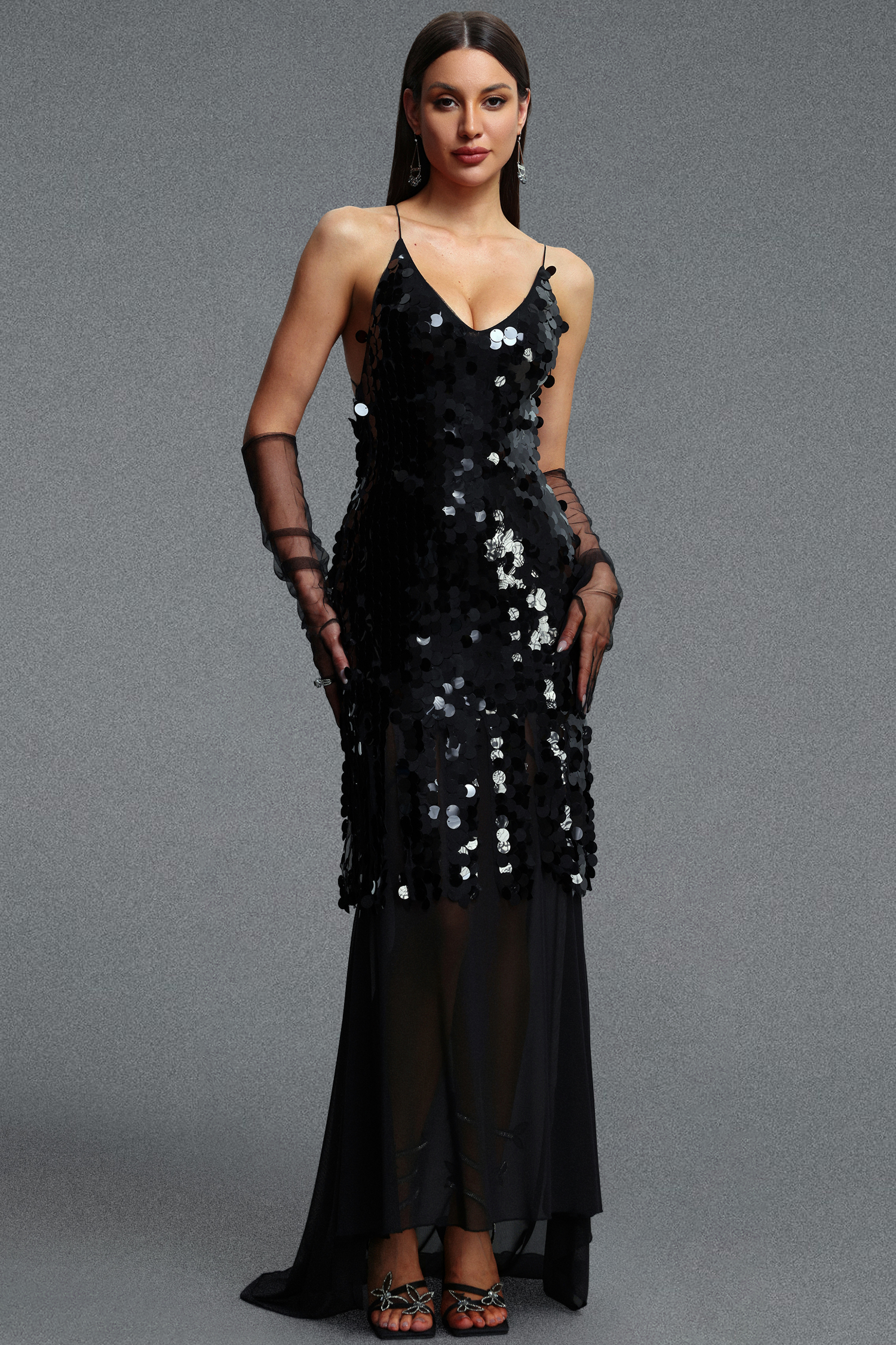 Ferlia Stylish Contour V Neck Cami Strap Sequin Woven Maxi Dress