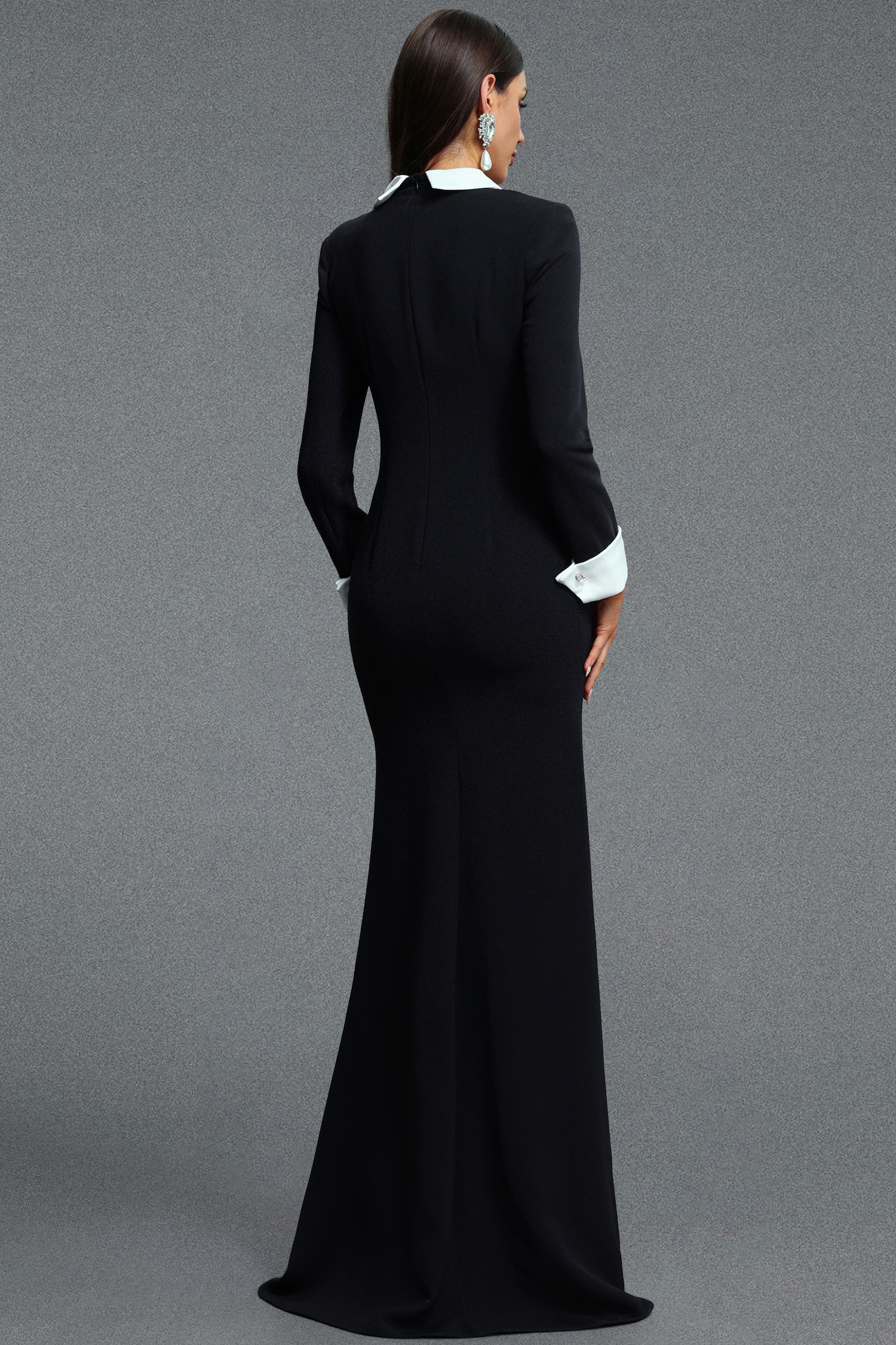 Vallea Classic Luxurious Long Sleeve Lapel Rhinestone Embellished Woven Maxi Dress