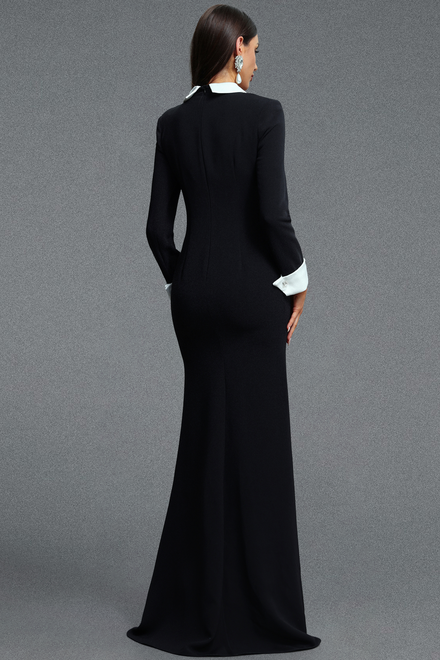 Vallea Classic Luxurious Long Sleeve Lapel Rhinestone Embellished Woven Maxi Dress