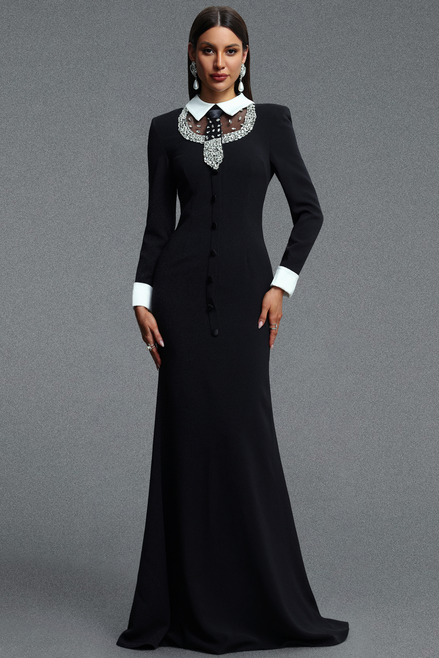 Vallea Classic Luxurious Long Sleeve Lapel Rhinestone Embellished Woven Maxi Dress