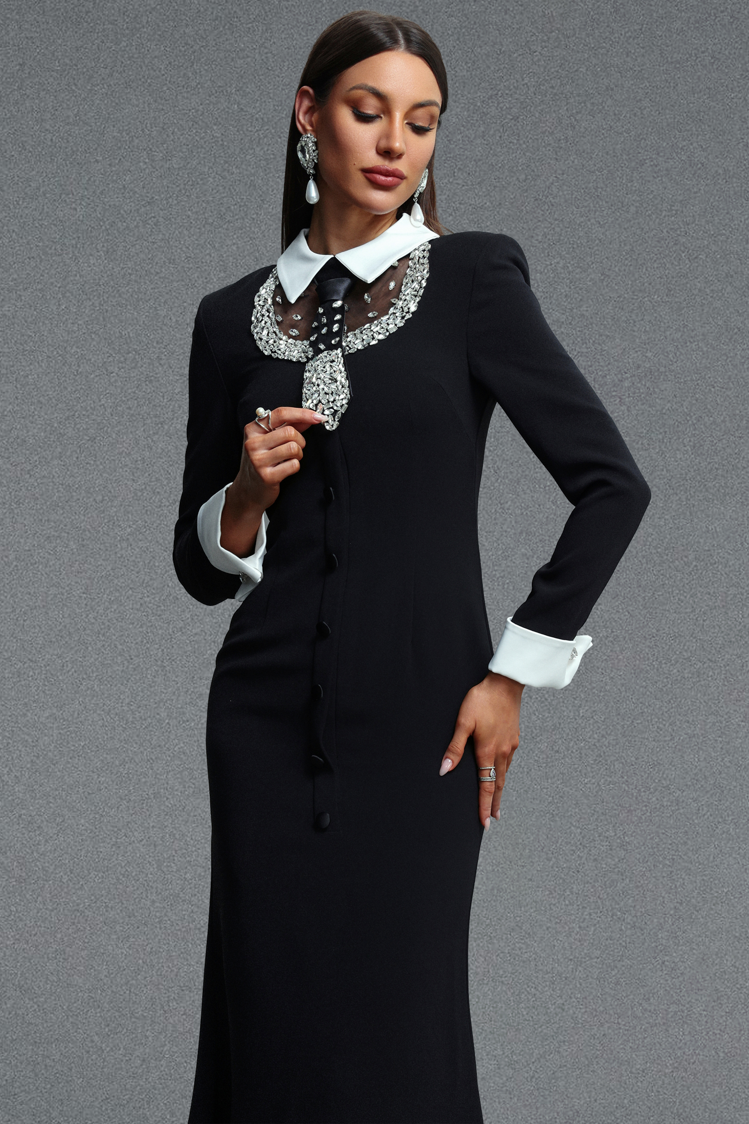 Vallea Classic Luxurious Long Sleeve Lapel Rhinestone Embellished Woven Maxi Dress