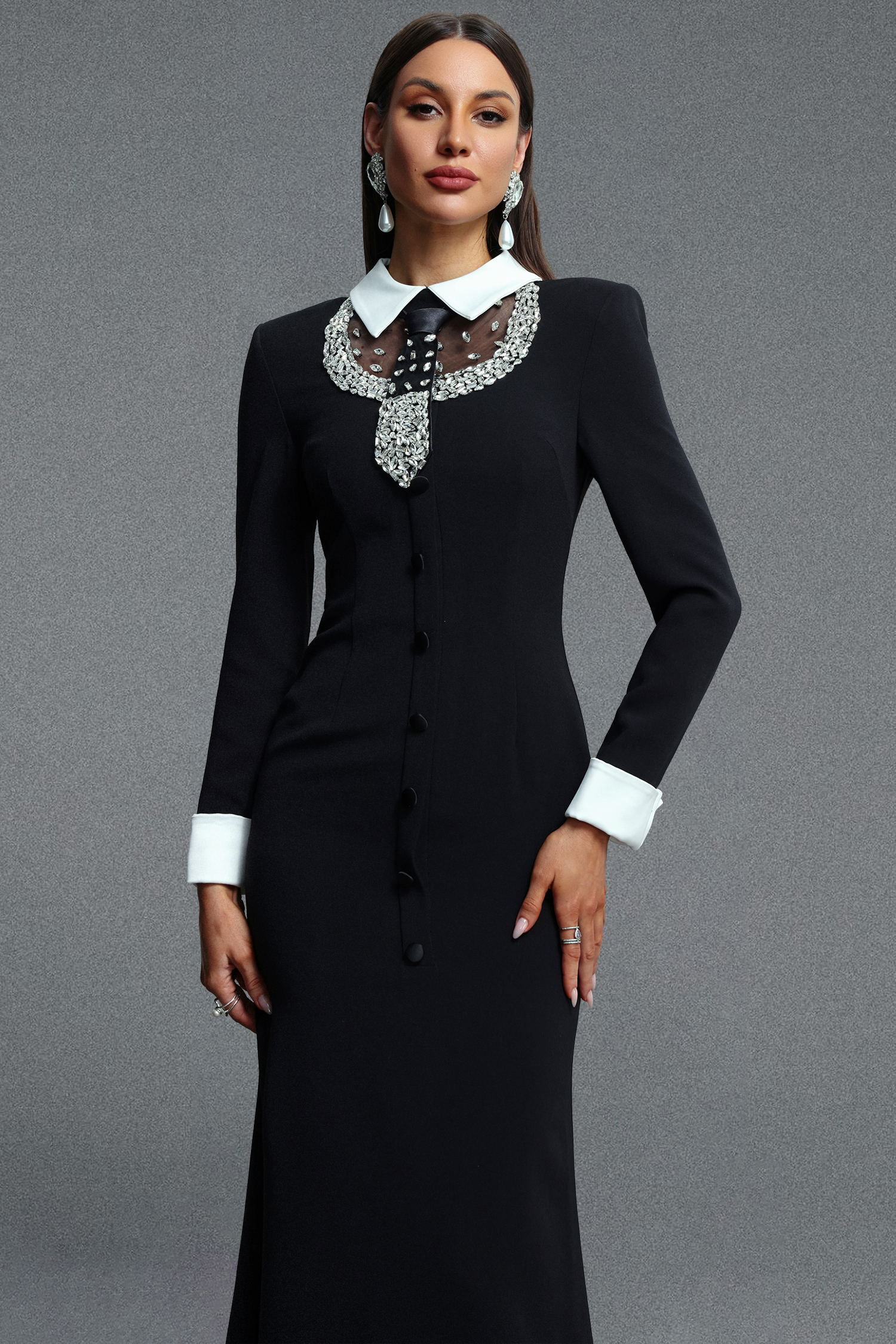 Vallea Classic Luxurious Long Sleeve Lapel Rhinestone Embellished Woven Maxi Dress