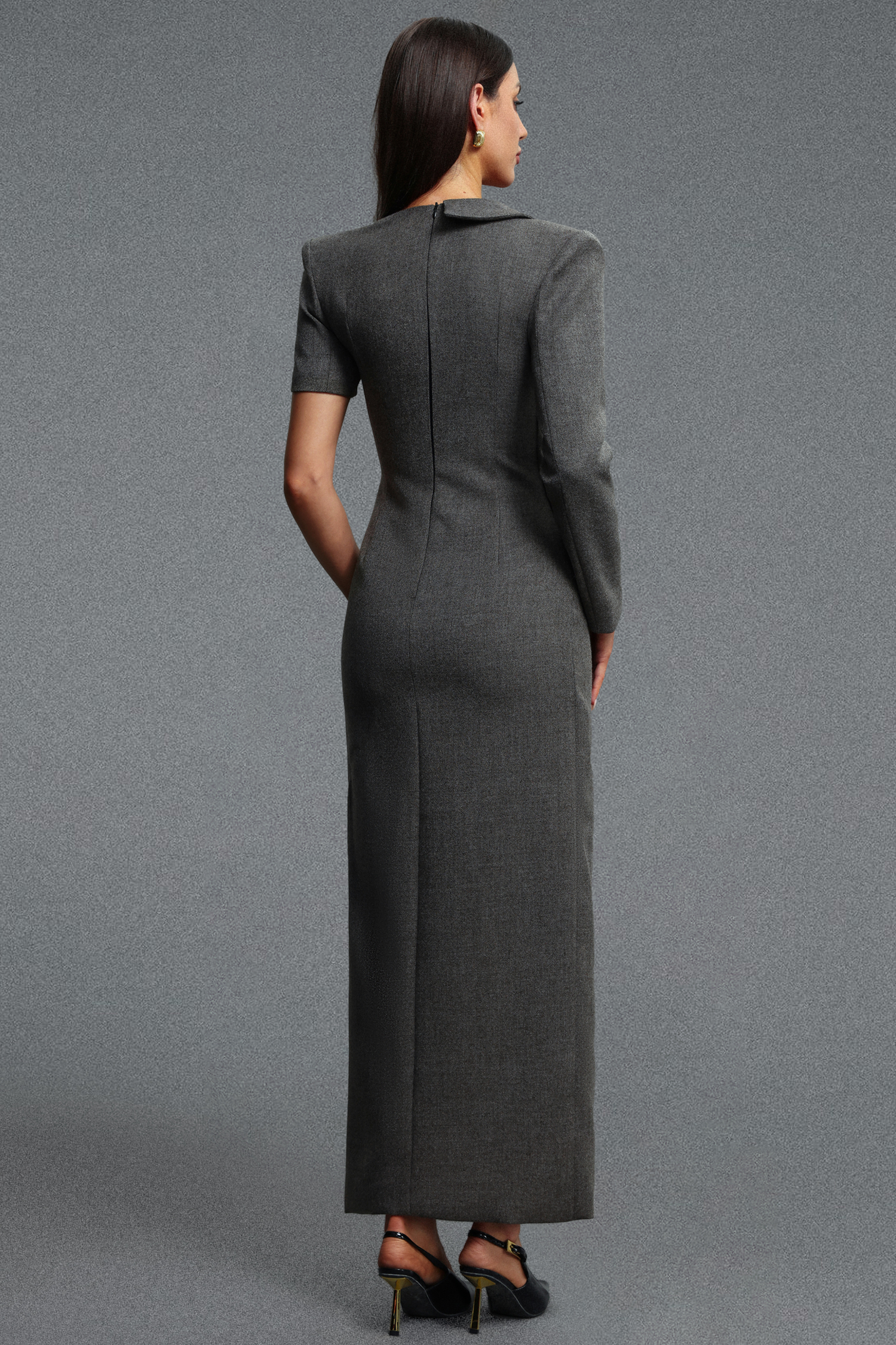 Scala Sophisticated Contour Asymmetrical Slit Lace Woven Maxi Dress
