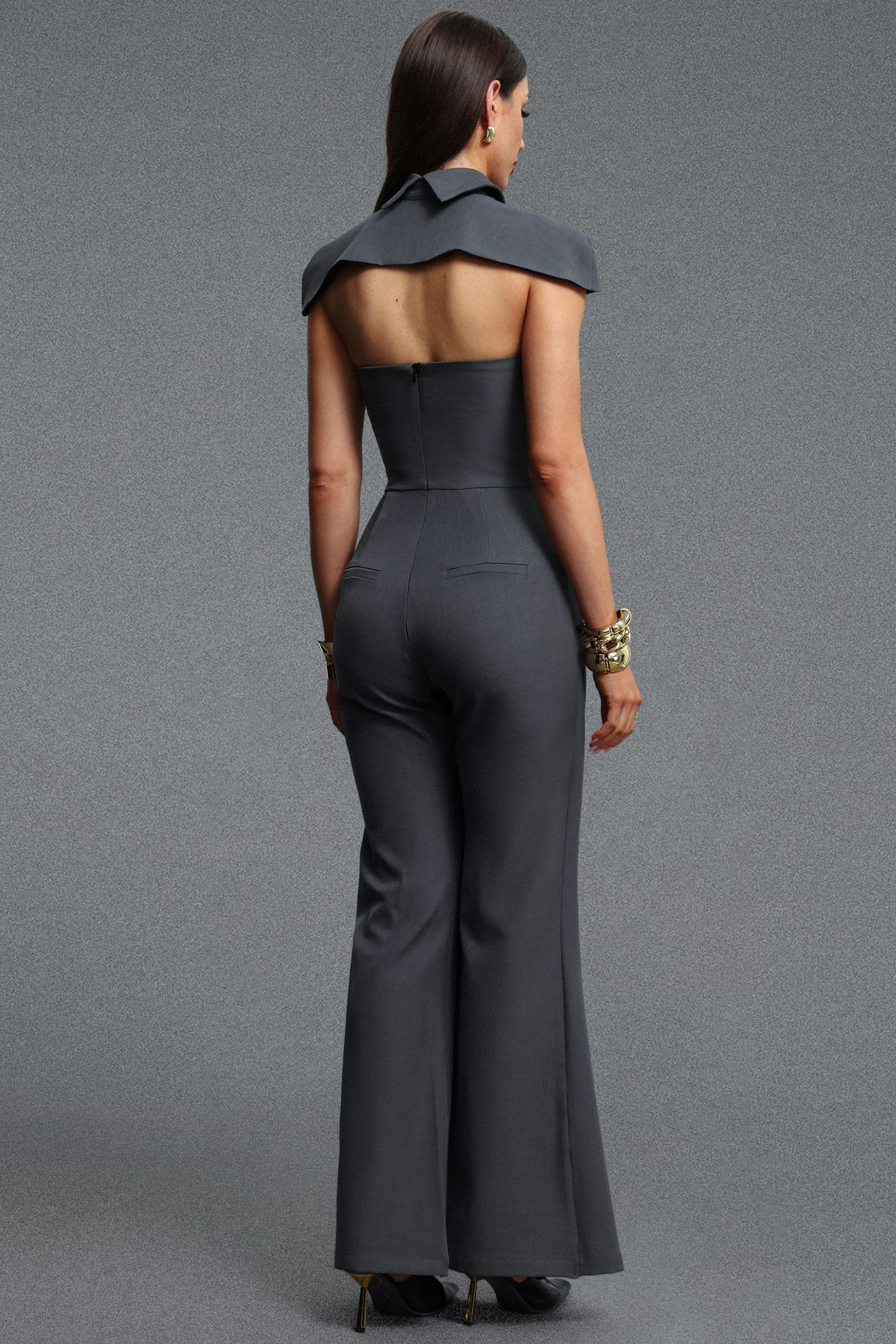 Falisa Sophisticated Cinched Waist Cape Bandeau Double Breasted Maxi Jumpsuit