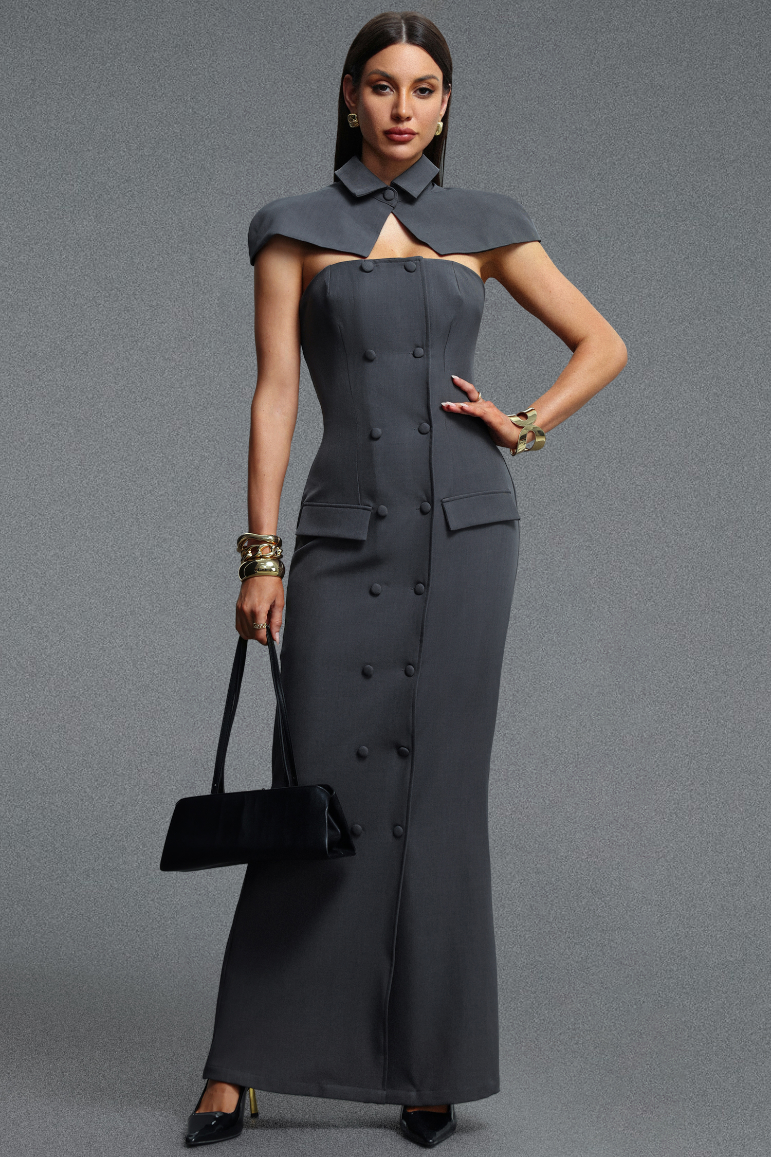 Falisa Sophisticated Cinched Waist Cape Bandeau Double Breasted Maxi Jumpsuit