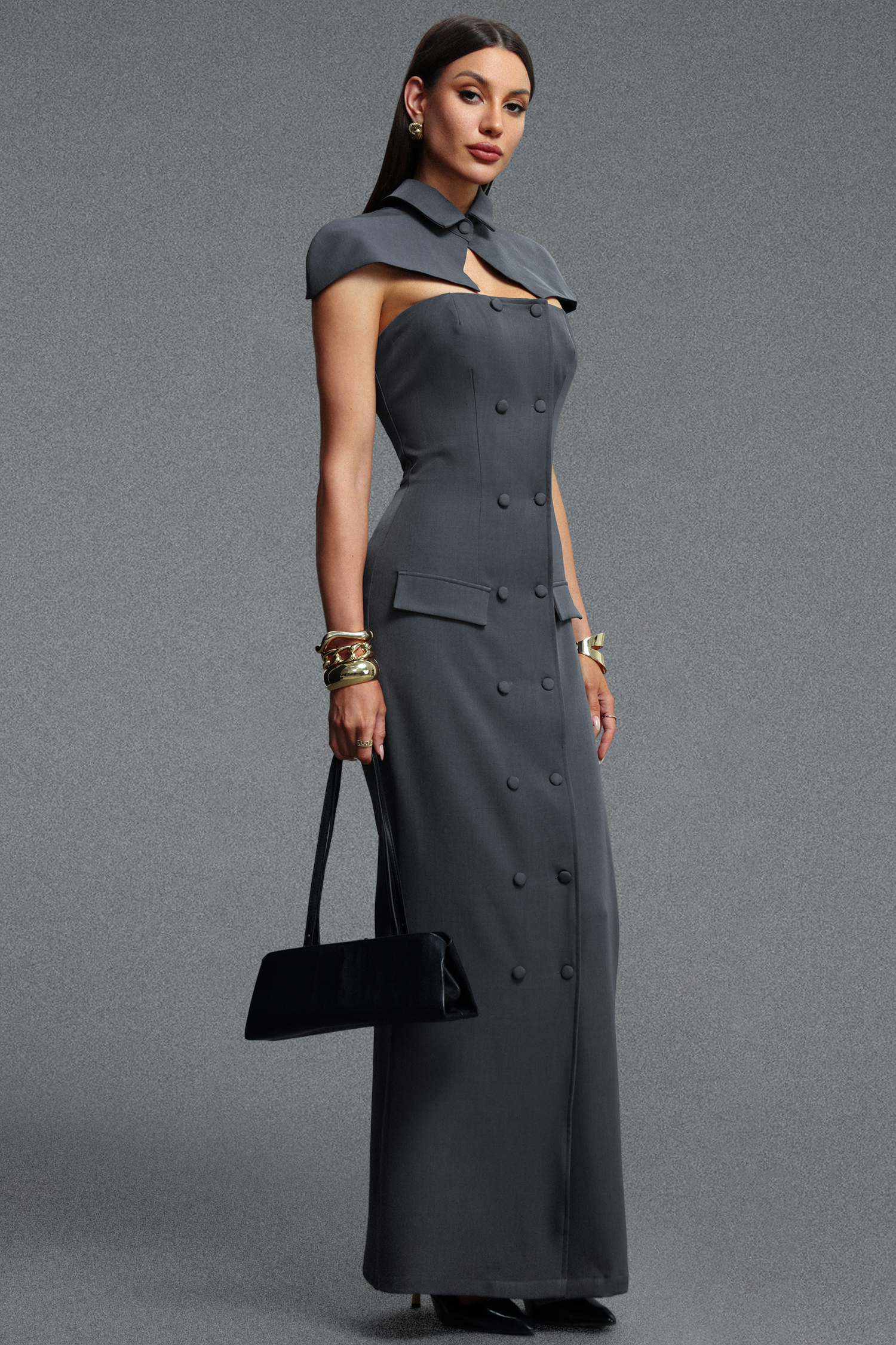 Falisa Sophisticated Cinched Waist Cape Bandeau Double Breasted Maxi Jumpsuit