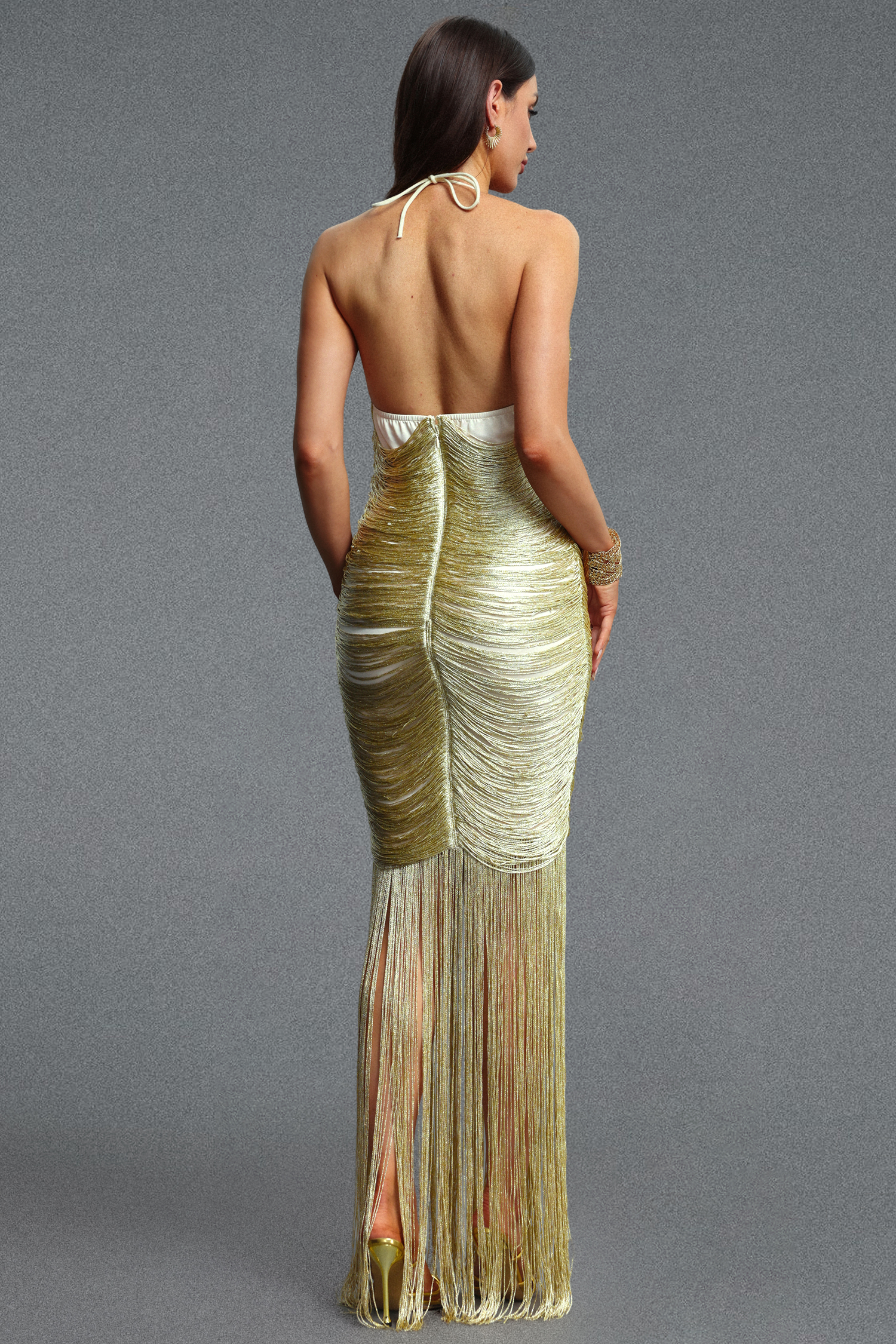 Halli Sophisticated Elegant Deep V Neck Tassel Woven Maxi Dress