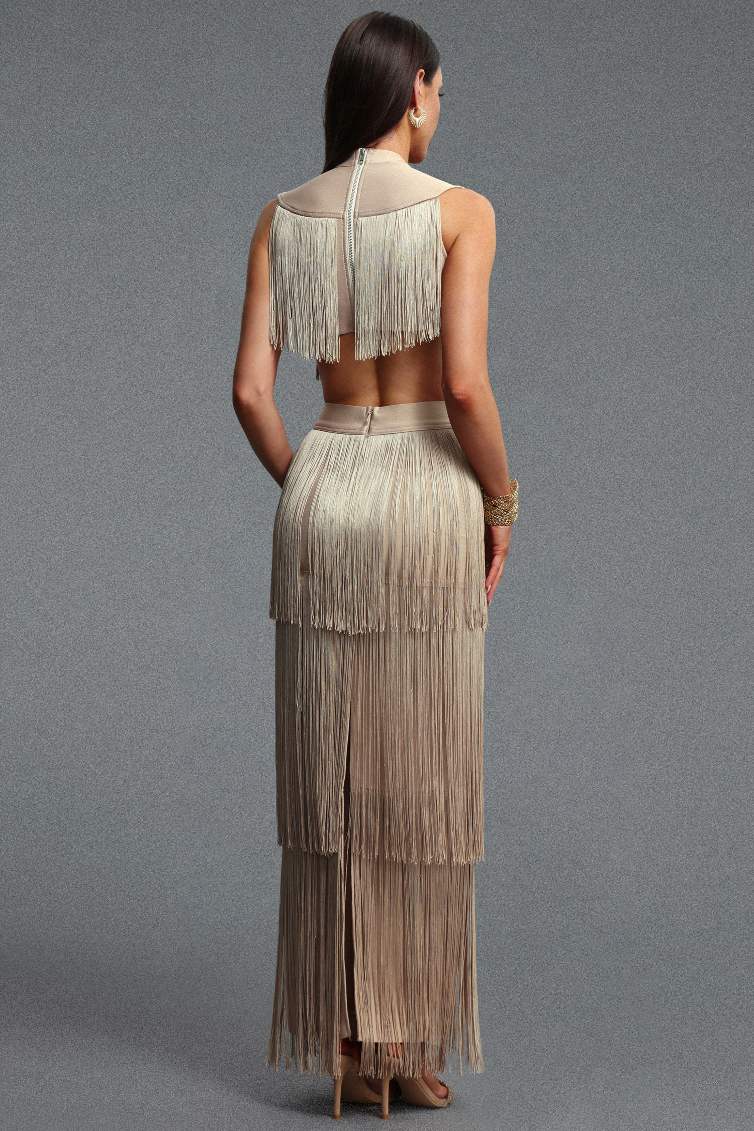 Eudora Elegant Stand Collar Rhinestone Embellished Tassel Top and Bandage Skirt Set