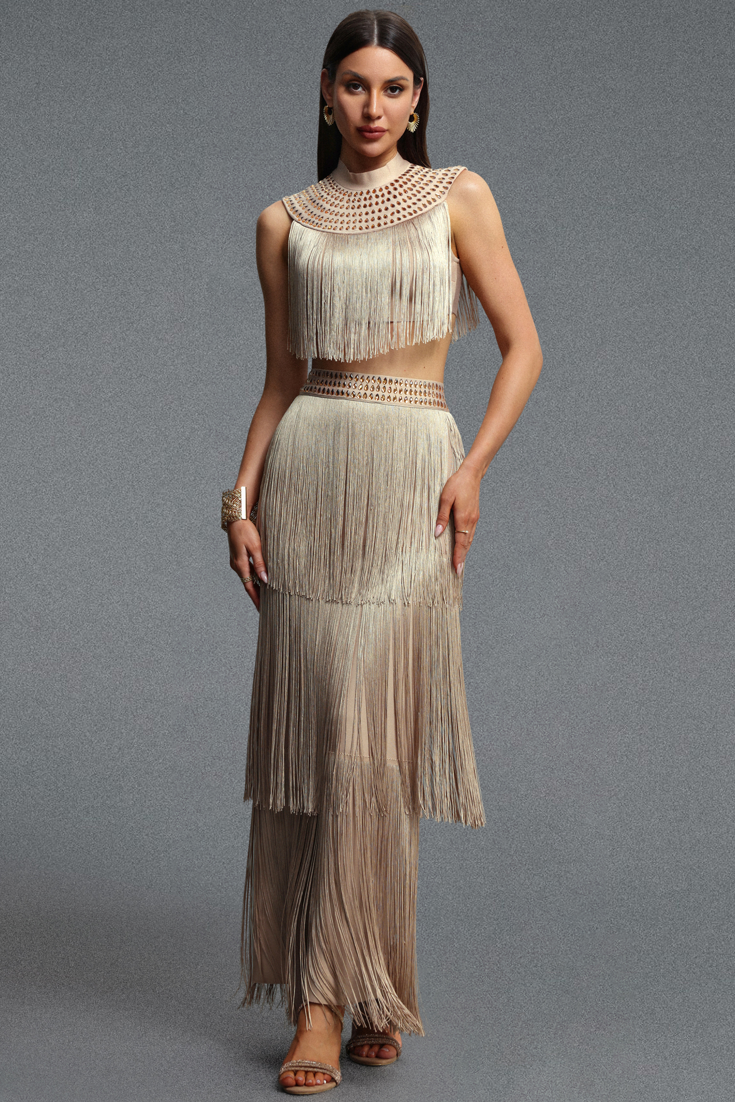 Eudora Elegant Stand Collar Rhinestone Embellished Tassel Top and Bandage Skirt Set