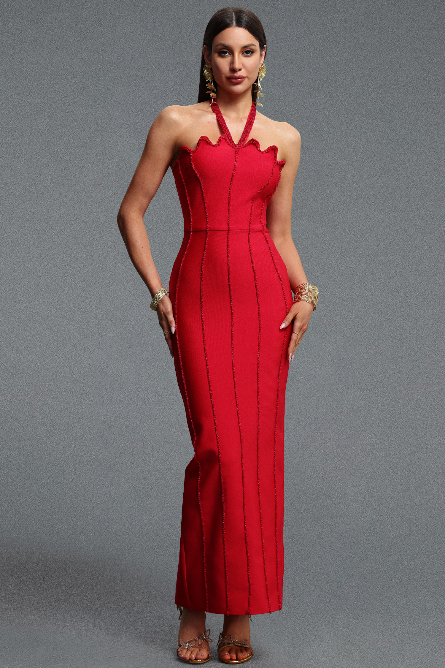 Kalene Glamorous Halter Scallop Edge Red Bead Bandage Maxi Dress