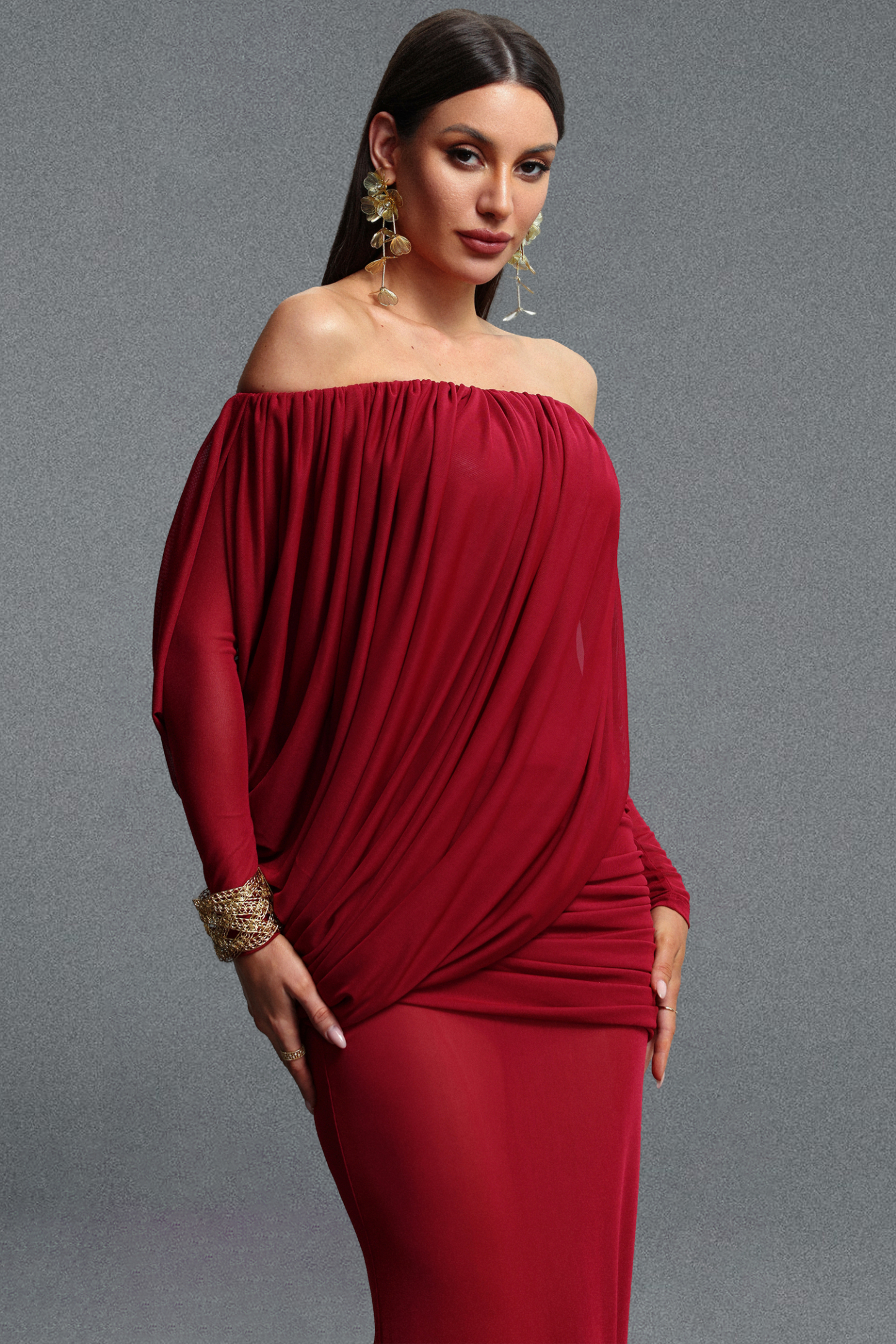 Uano Elegant Luxurious Off Shoulder Long Sleeve Ruched Knit Maxi Dress