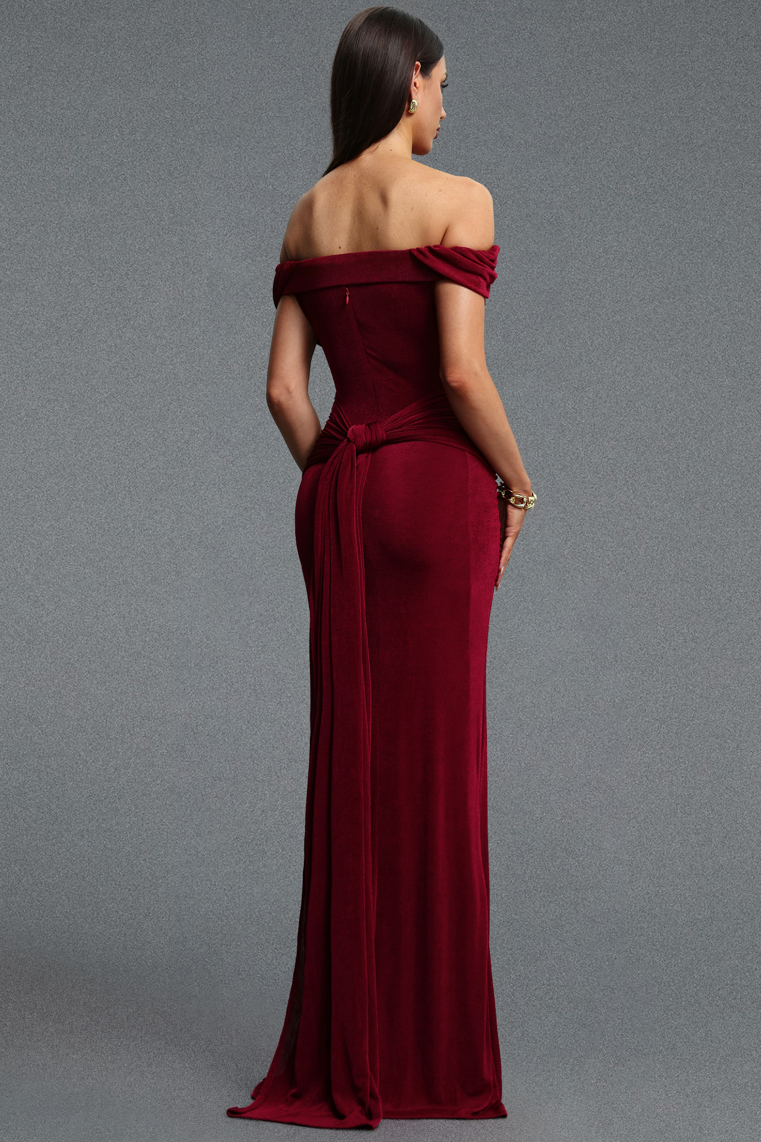 Slaia Minimalist Off Shoulder Diagonal Ruched Knit Red Maxi Dress