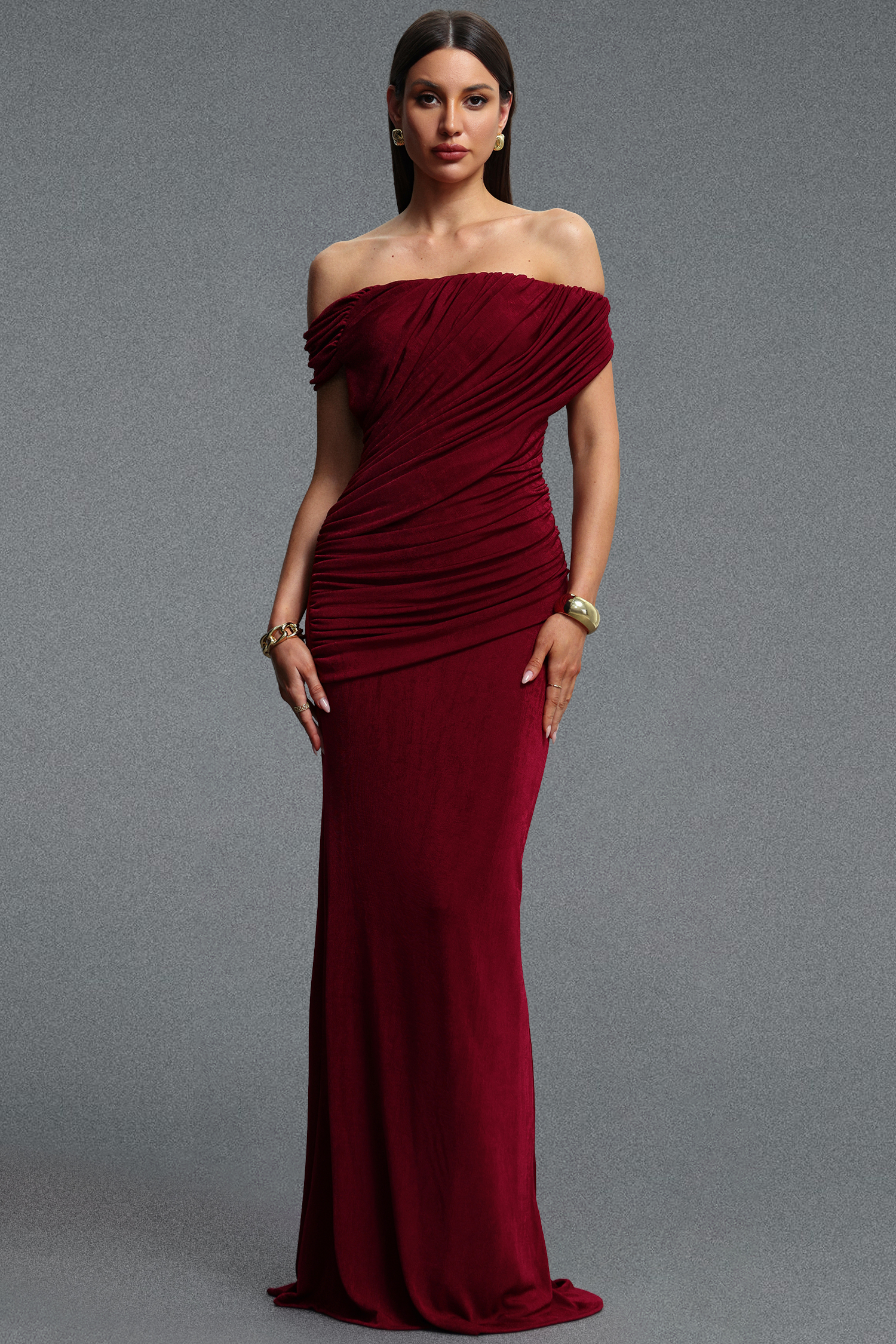 Slaia Minimalist Off Shoulder Diagonal Ruched Knit Red Maxi Dress
