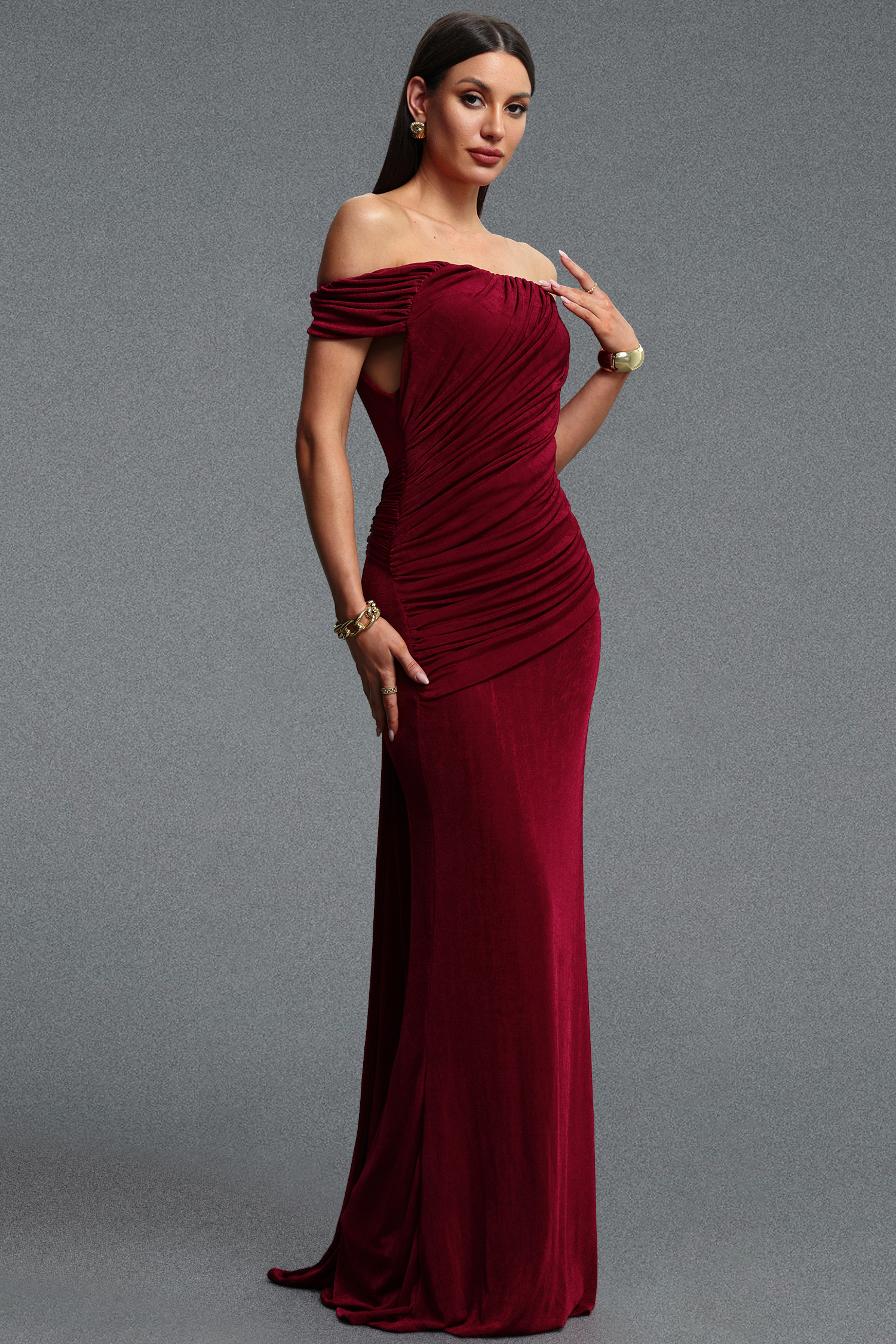 Slaia Minimalist Off Shoulder Diagonal Ruched Knit Red Maxi Dress