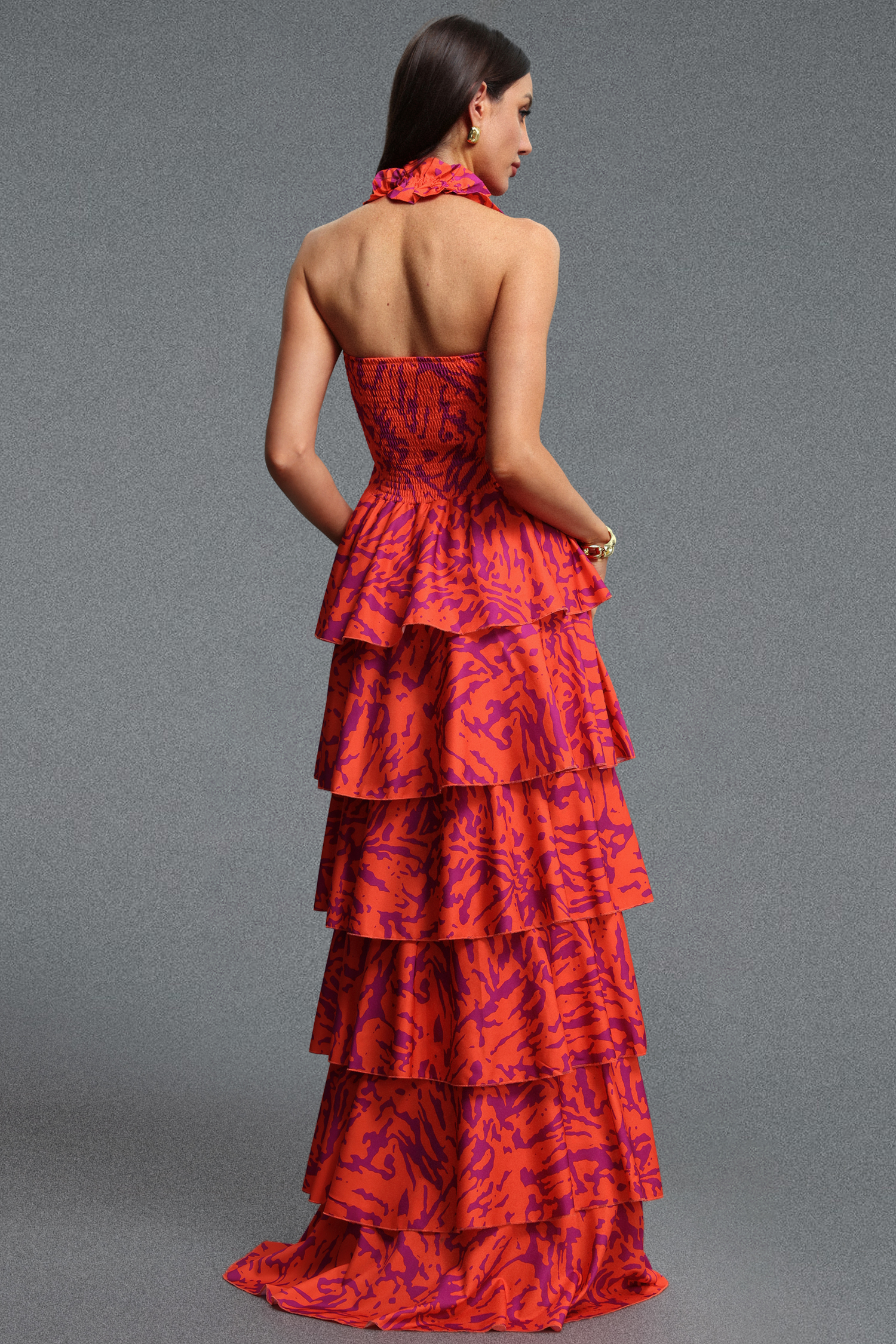 Oga Elegant Cinched Waist Halter Layered Printed Woven Maxi Dress