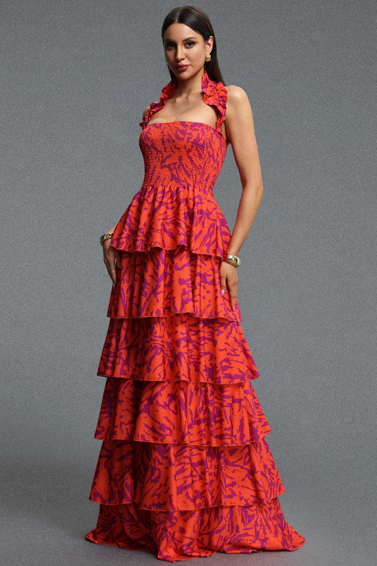 Oga Elegant Cinched Waist Halter Layered Printed Woven Maxi Dress