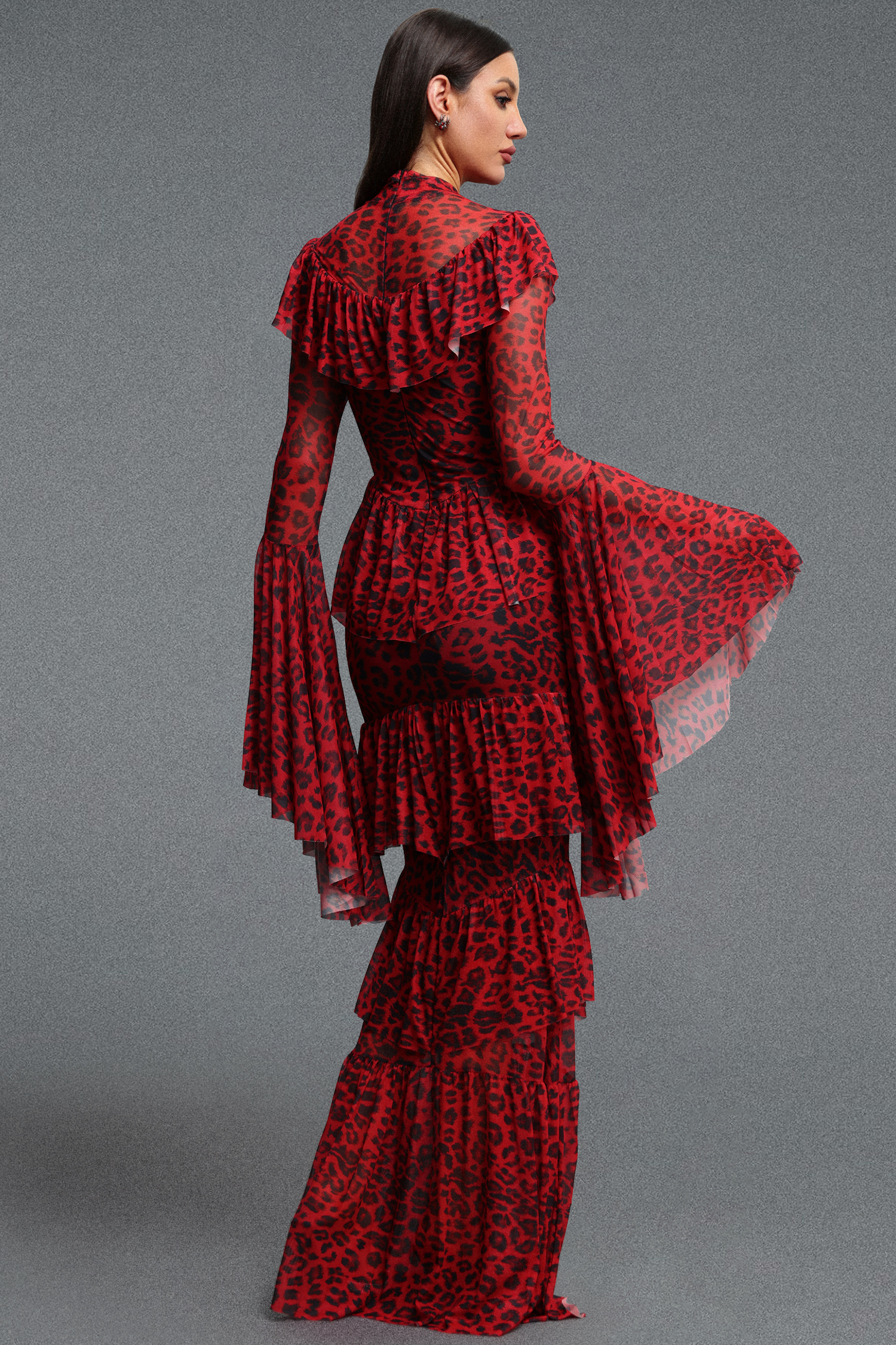 Leko Leopard Print Folds Red Maxi Dress