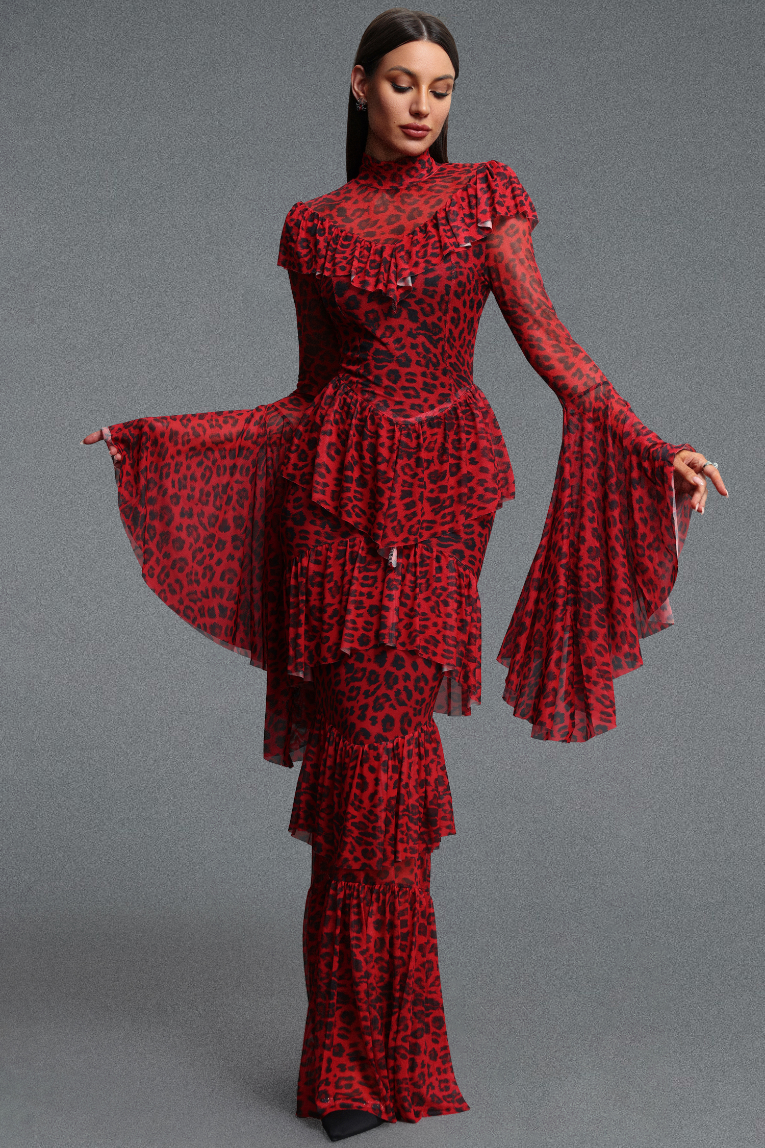 Leko Leopard Print Folds Red Maxi Dress