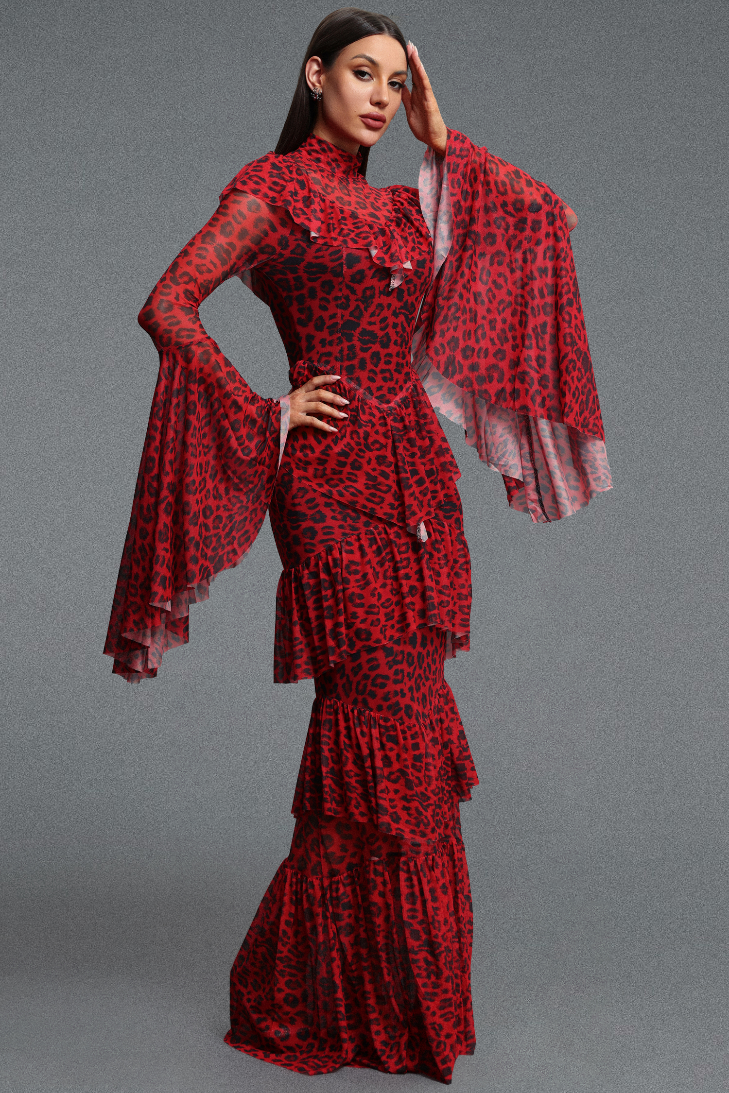 Leko Leopard Print Folds Red Maxi Dress