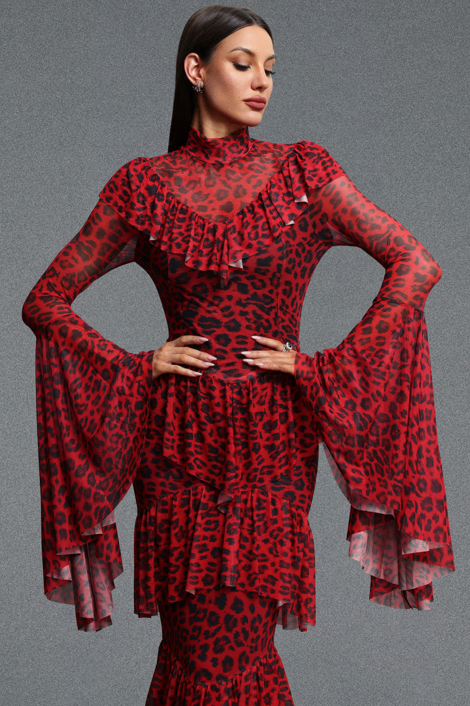 Leko Leopard Print Folds Red Maxi Dress
