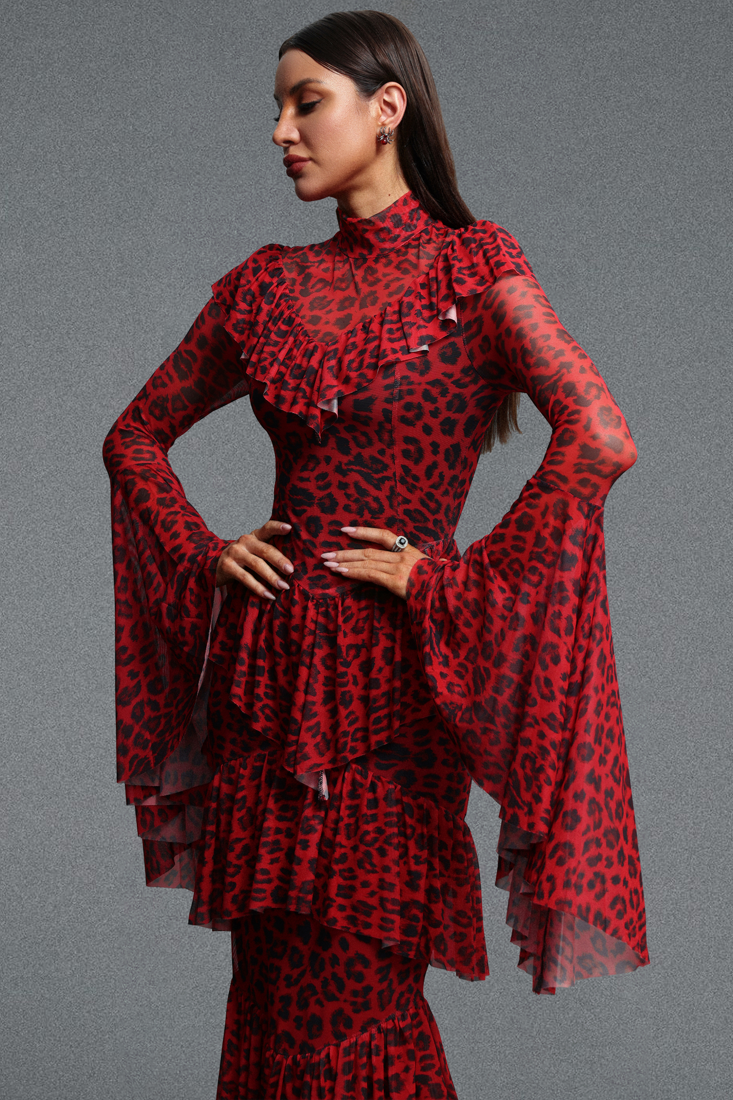 Leko Leopard Print Folds Red Maxi Dress