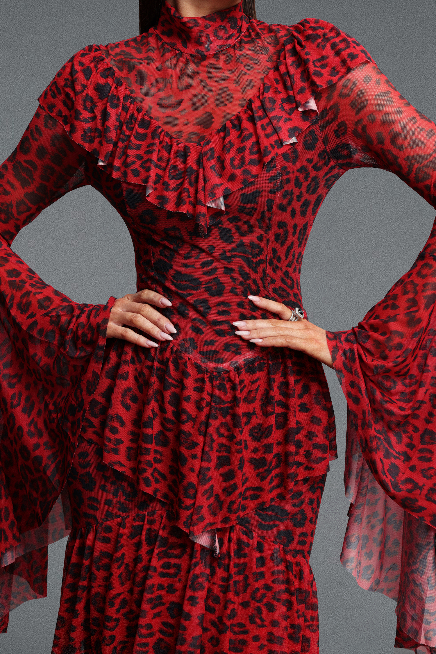 Leko Leopard Print Folds Red Maxi Dress