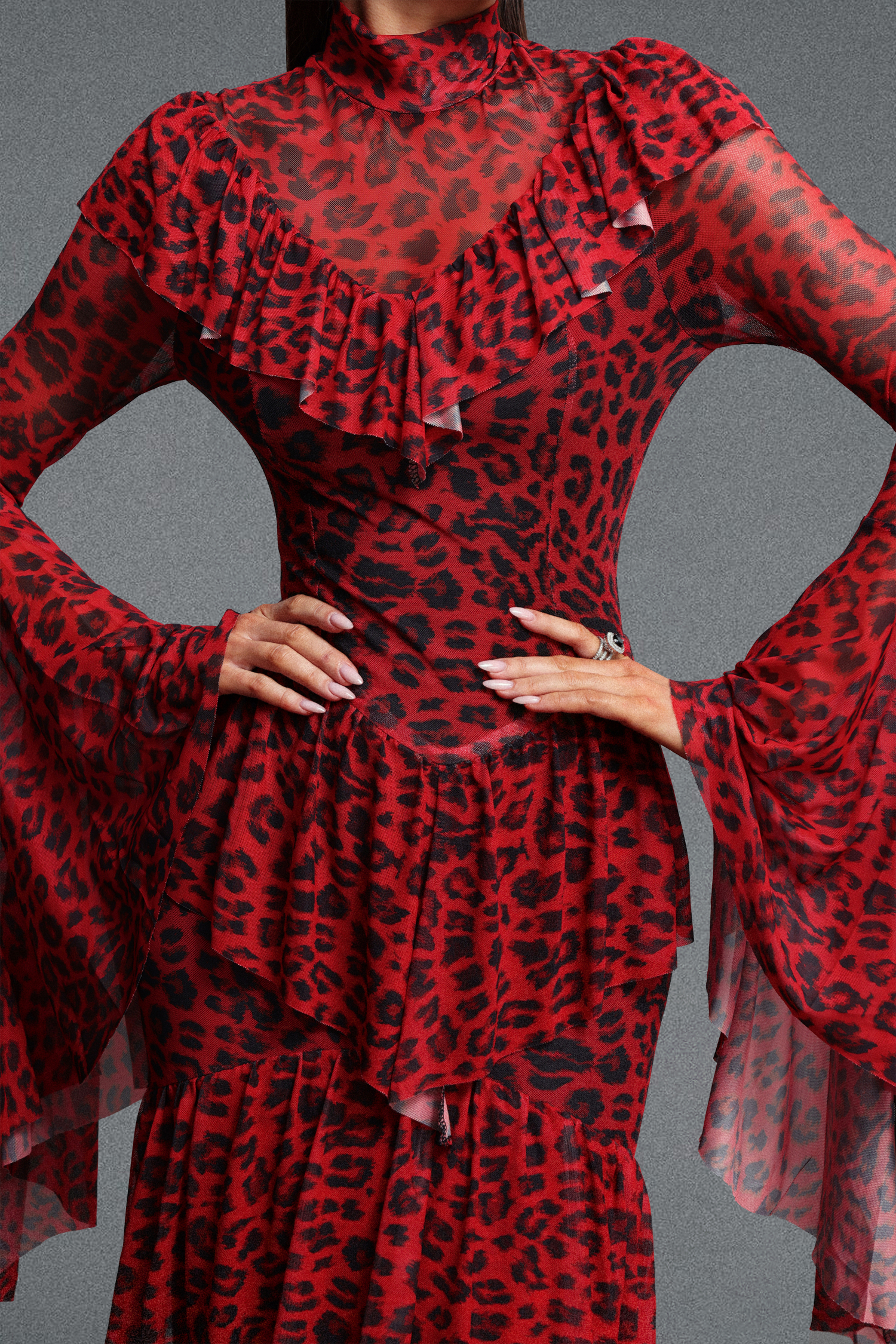Leko Leopard Print Folds Red Maxi Dress