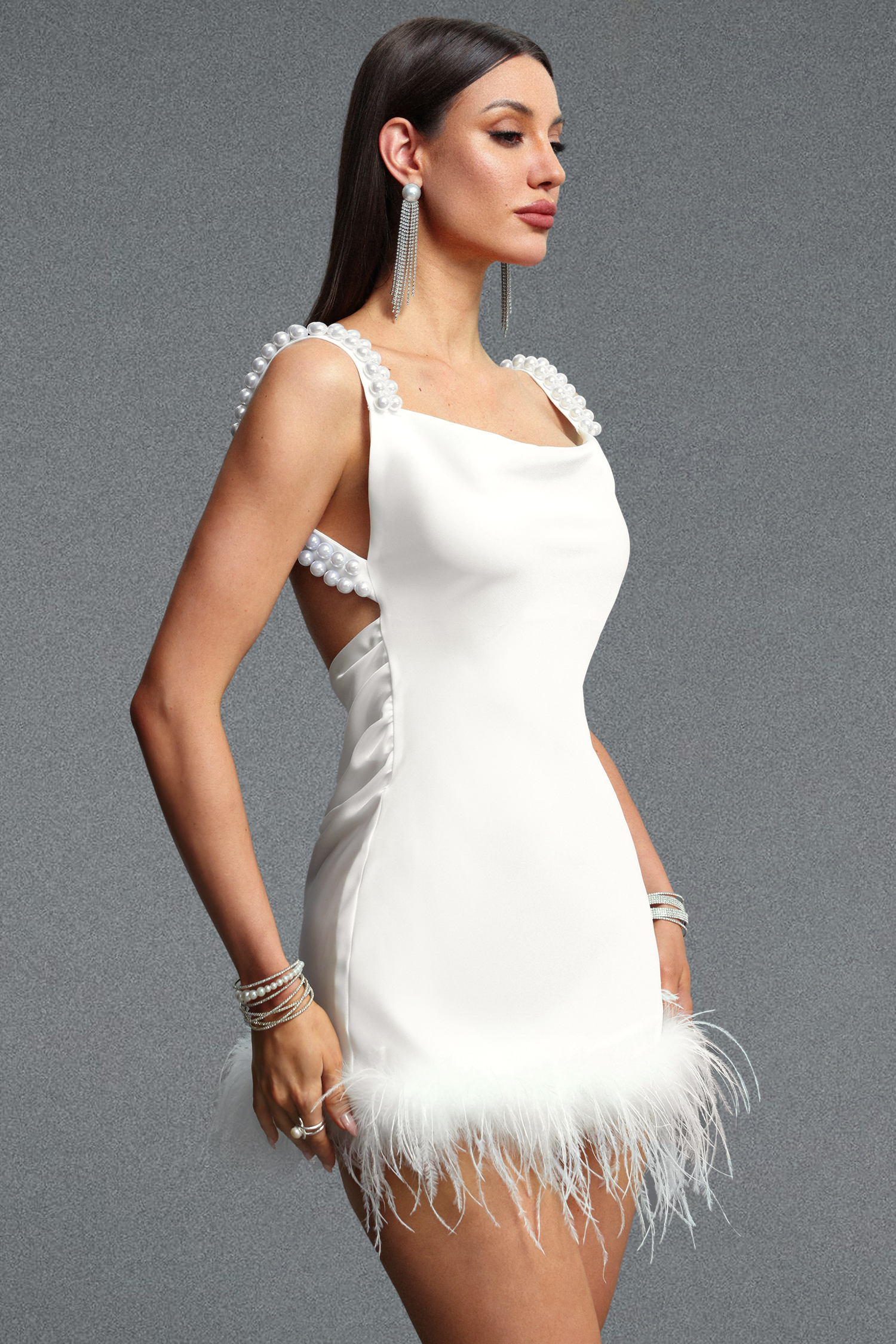 Zaniyah Elegant Cinched Waist Spaghetti Strap Pearl Feather Satin Mini Dress