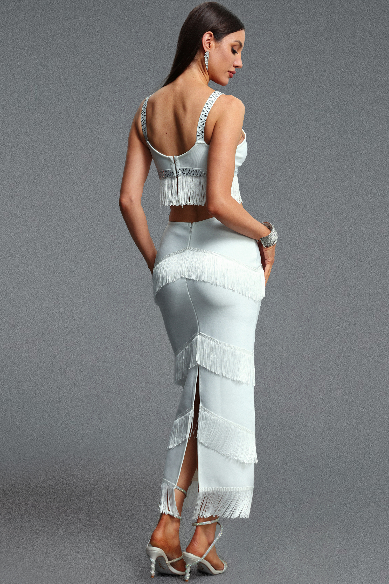 Wenrey Elegant Cinched Waist Spaghetti Strap V Neck Tassel Top and Tiered Maxi Skirt Bandage Set