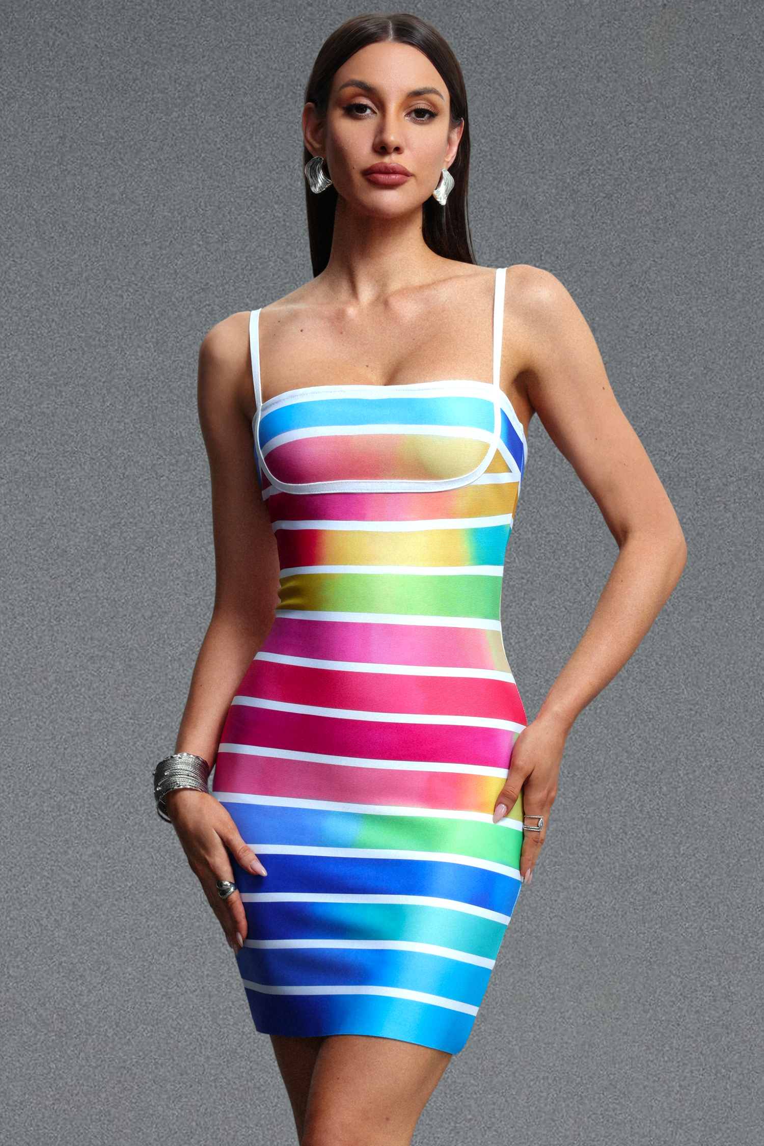 Vira Sophisticated Cinched Waist Gradient Striped Bandage Dress