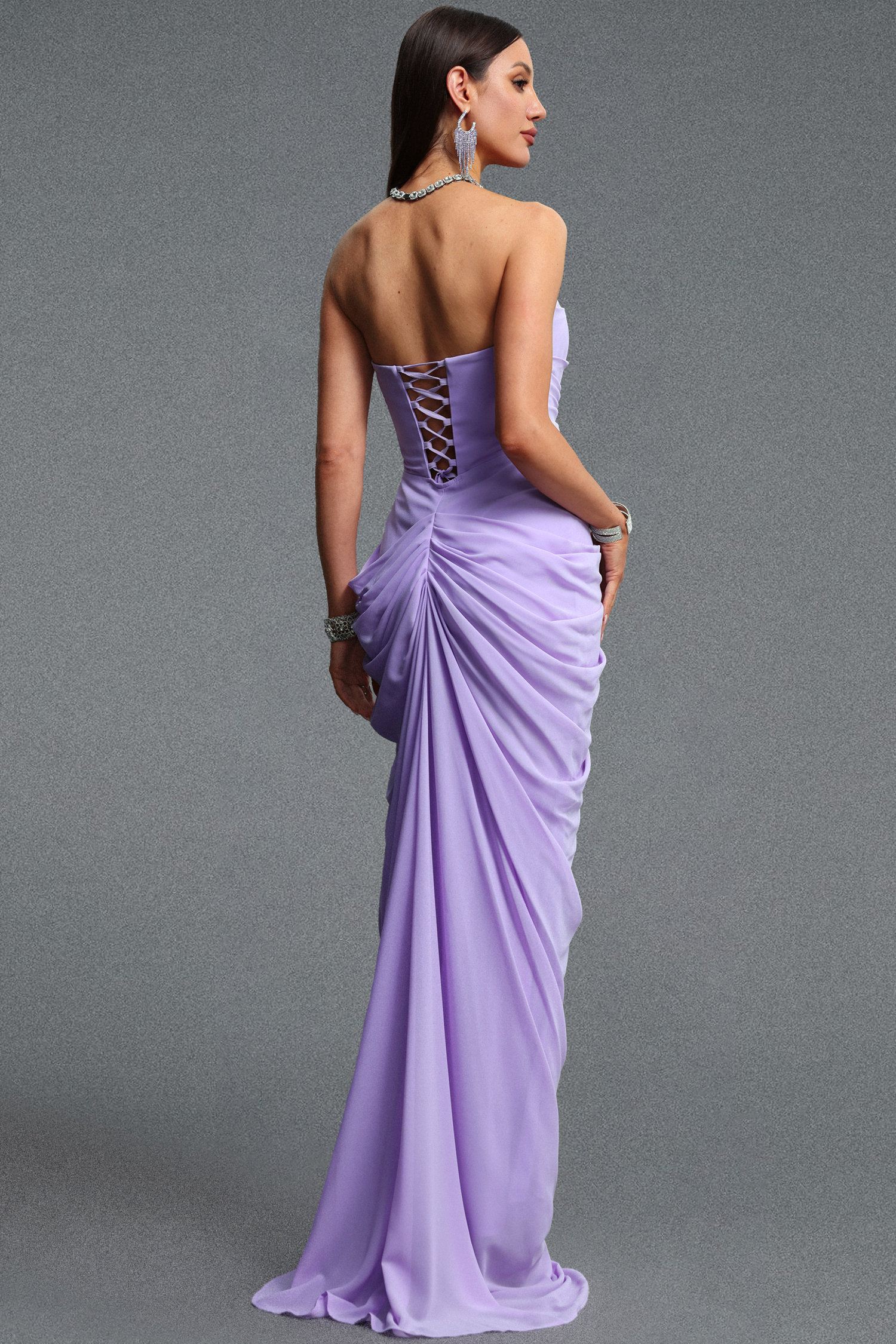 Tazeda Elegant Contour Strapless Ruched Mesh Purple Maxi Dress