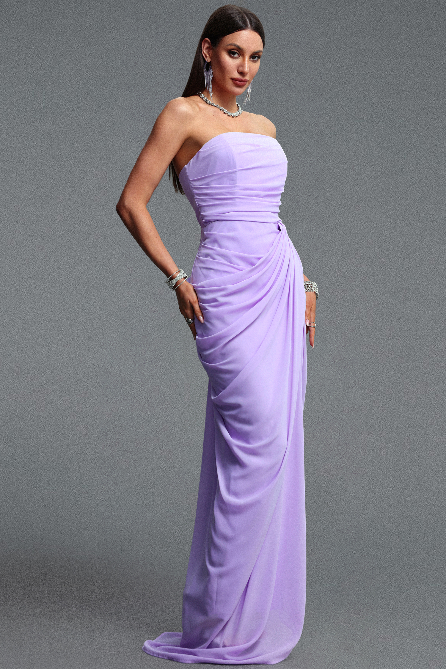 Tazeda Elegant Contour Strapless Ruched Mesh Purple Maxi Dress
