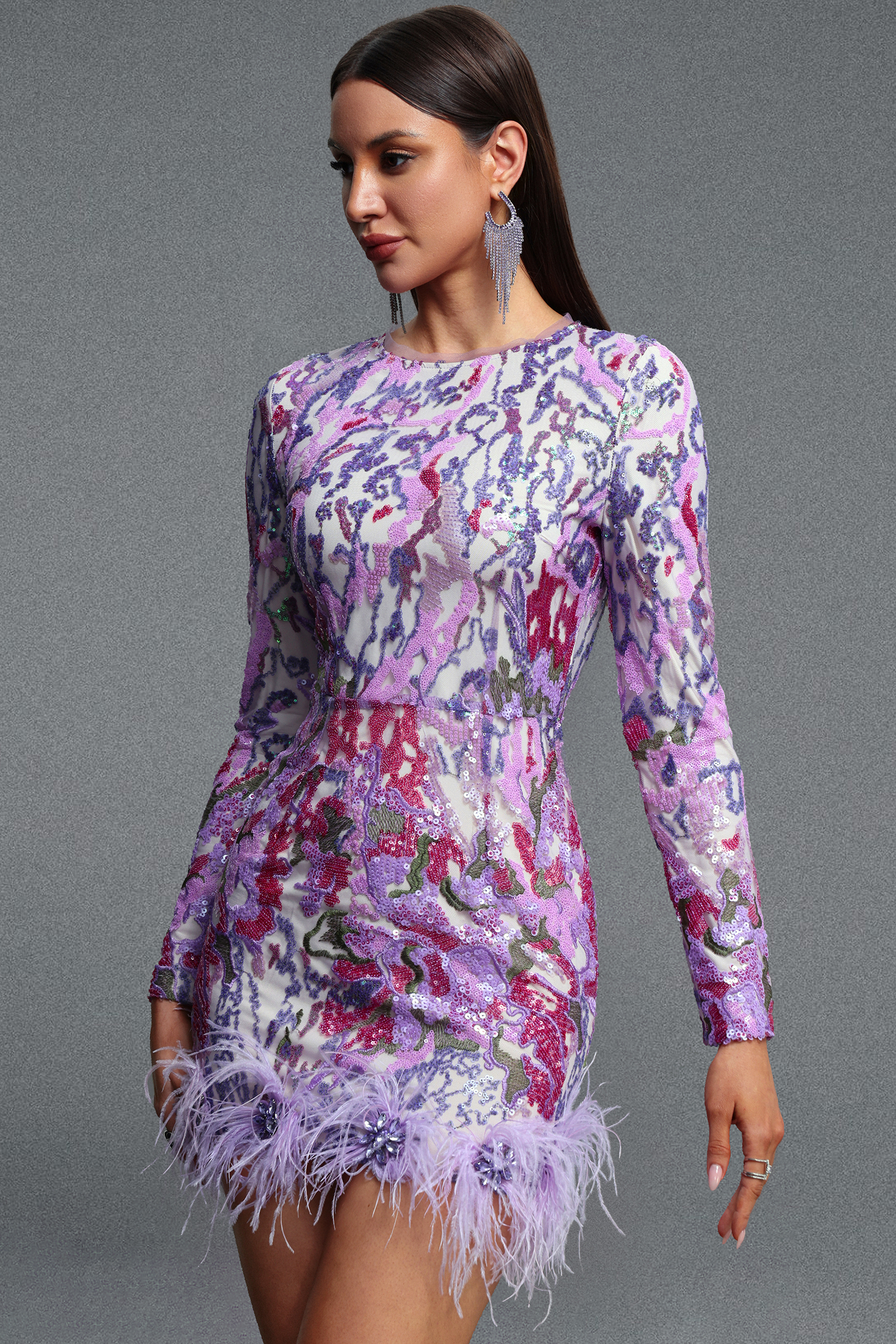 Yeil Sophisticated Cinched Waist Long Sleeve Embroidered Feather Rhinestone Embellished Sequin Mini Dress