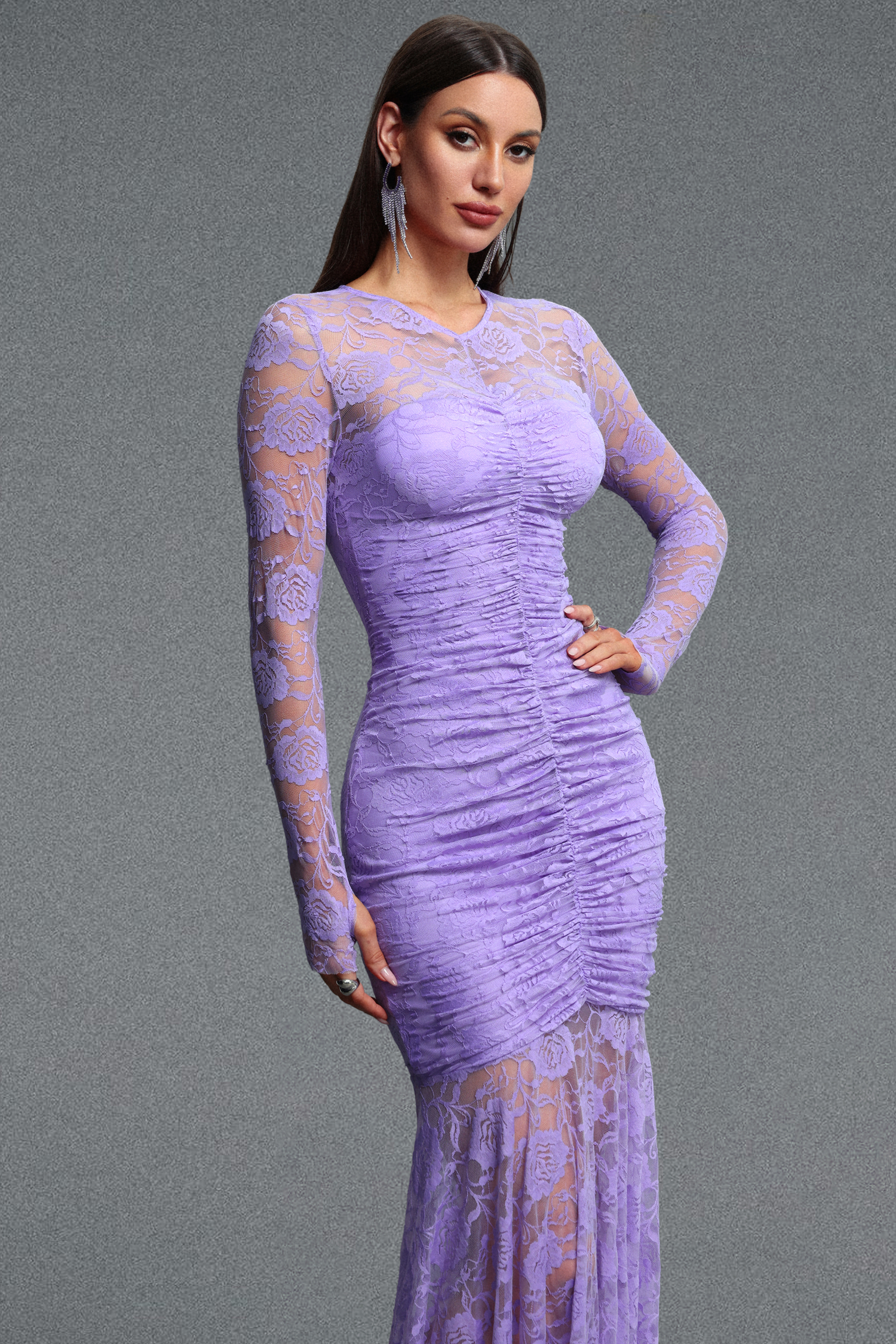 Halee Elegant Cinched Waist Long Sleeve Ruched Mermaid Lace Maxi Dress