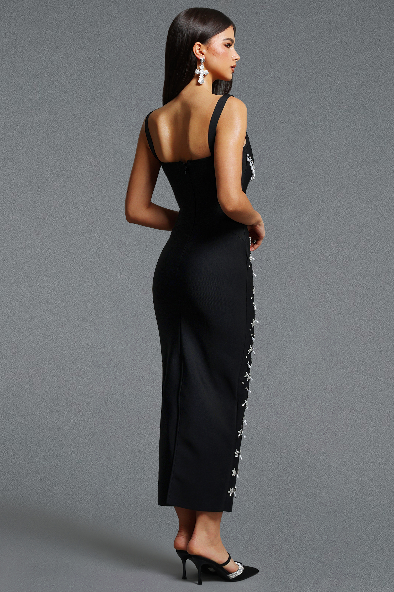 Fagro Glam Spaghetti Strap Pearl Tassel Floral Bandage Maxi Dress