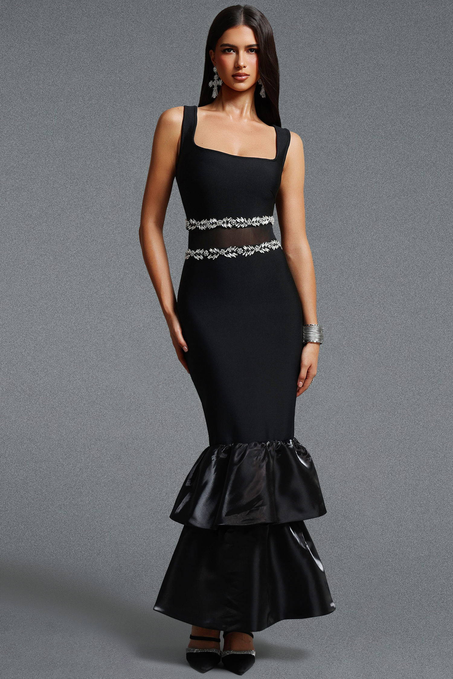 Myla Modern Square Neck Rhinestone Bandage Maxi Dress