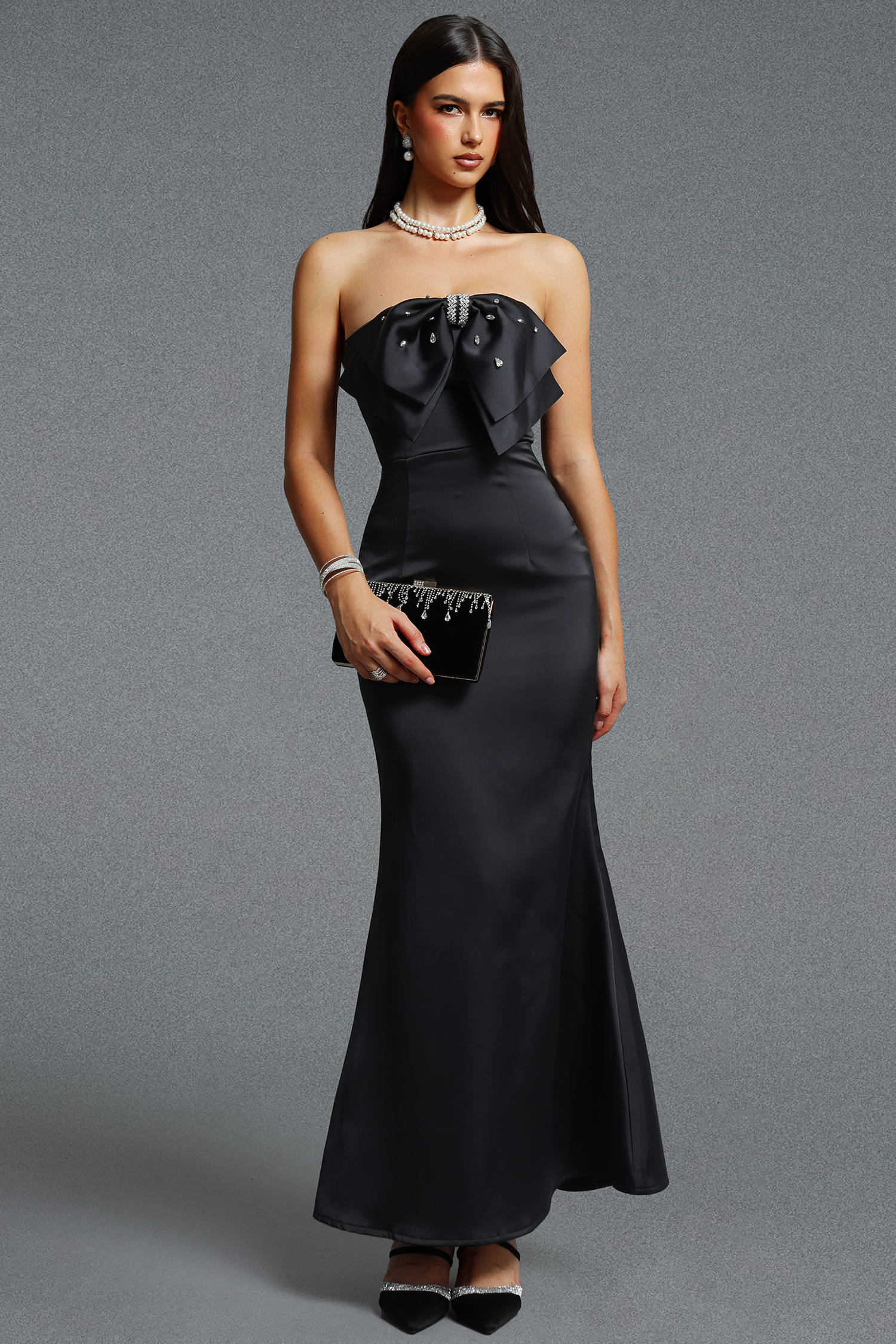 Syre Classic Tailored Strapless Bow Rhinestone Maxi Dress