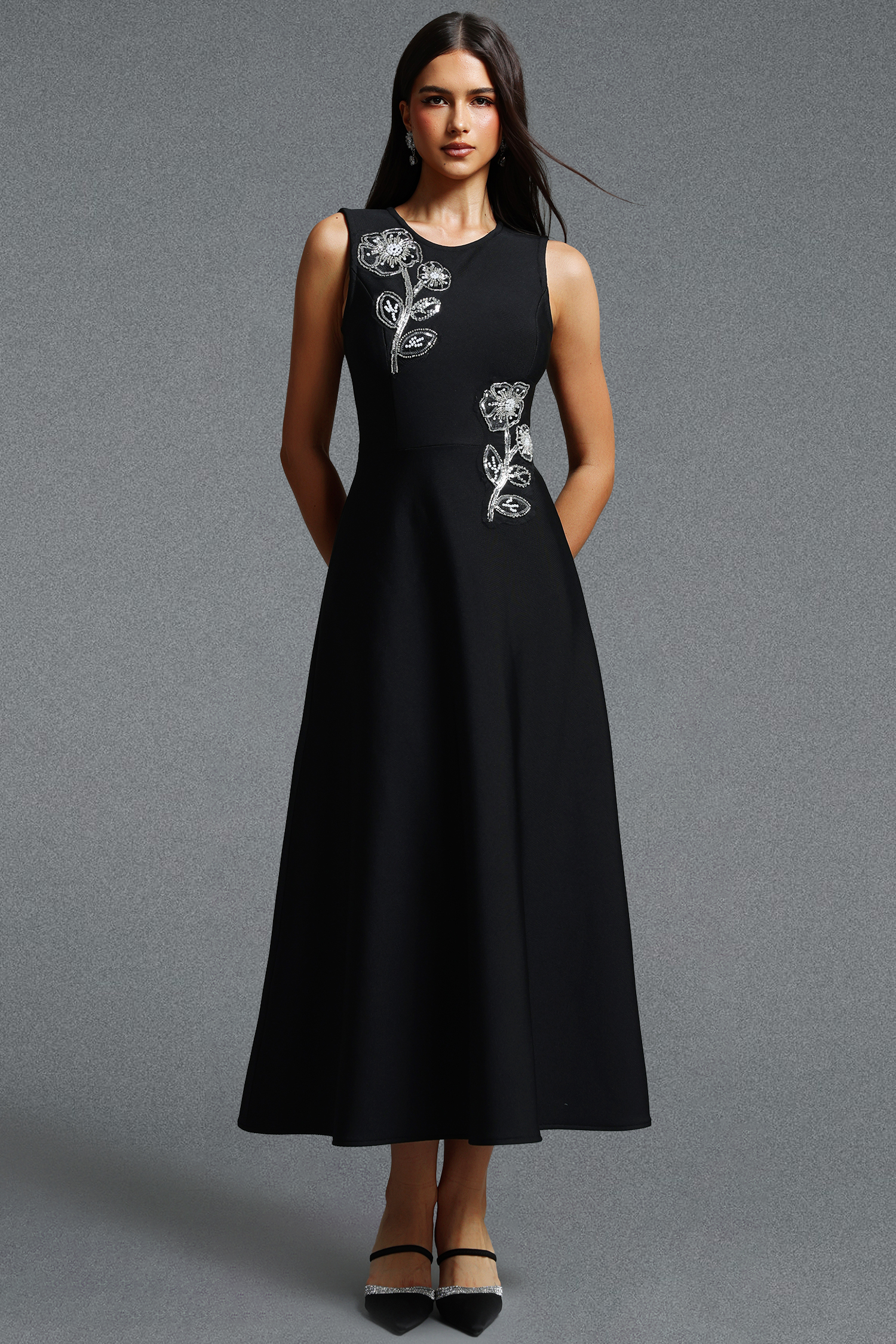 Krystal Elegant Round Neck Sleeveless Floral Beaded Bandage Midi Dress