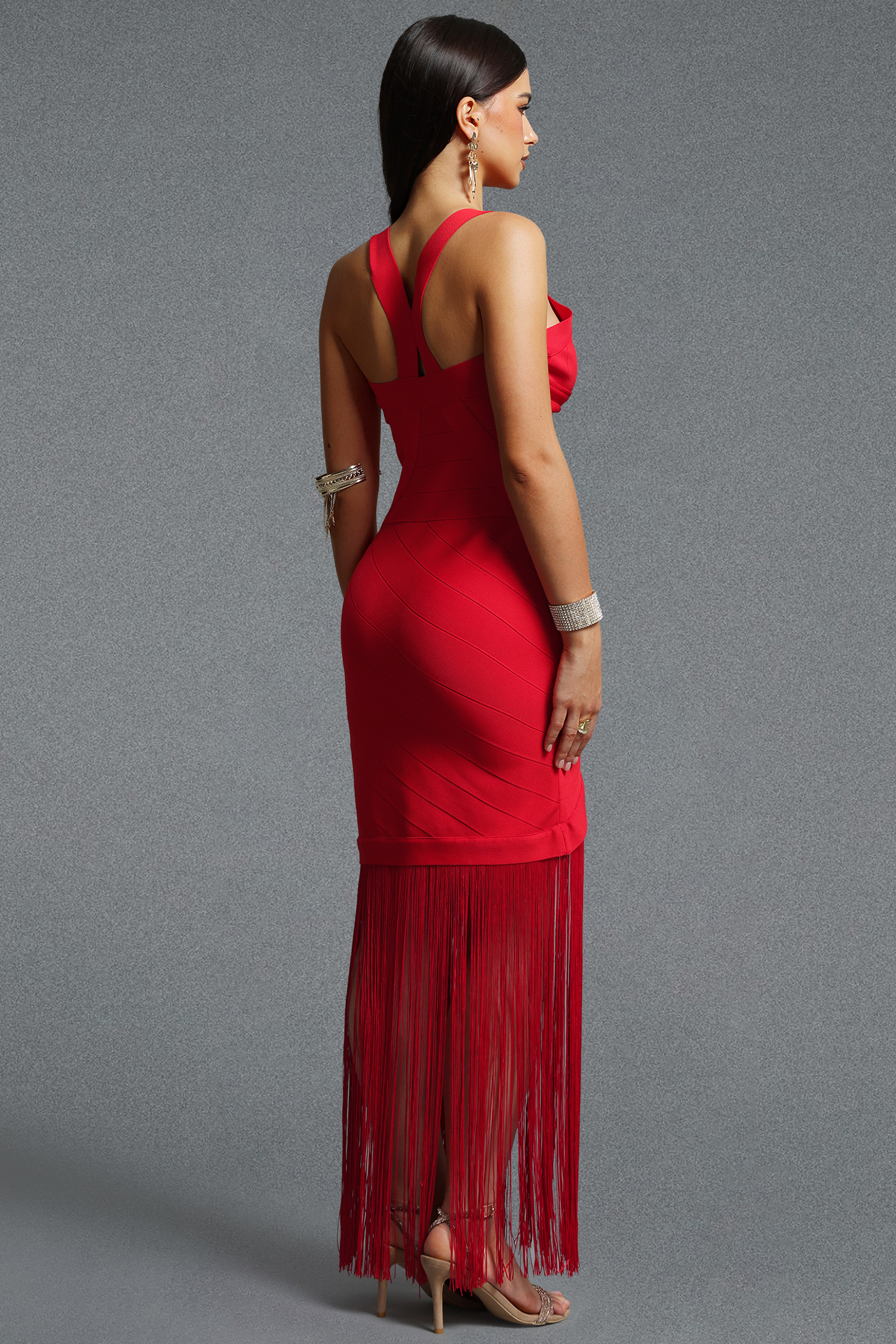 Emma Chic Contour V Neck Sleeveless Fringe Red Bandage Maxi Dress