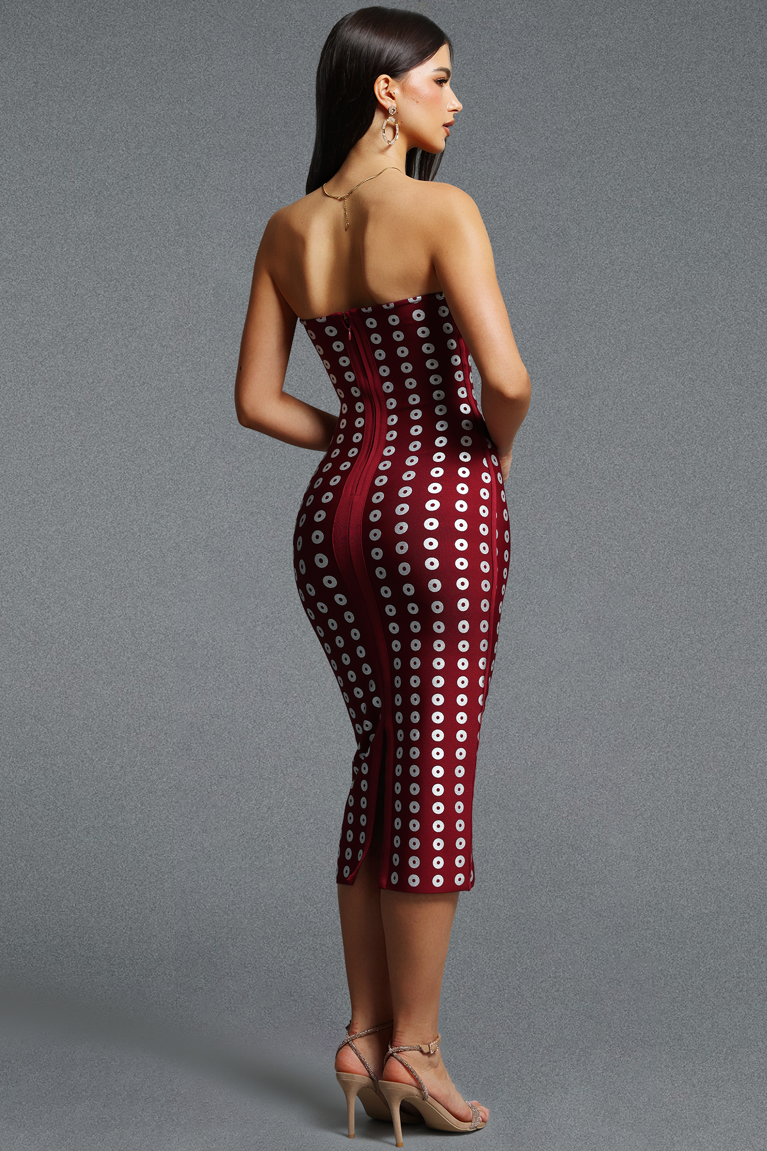 Valema Classic Strapless Ring Print Bandage Midi Dress