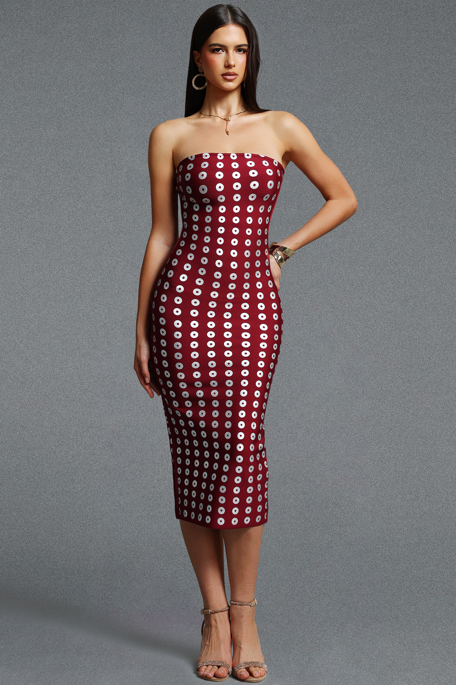Valema Classic Strapless Ring Print Bandage Midi Dress