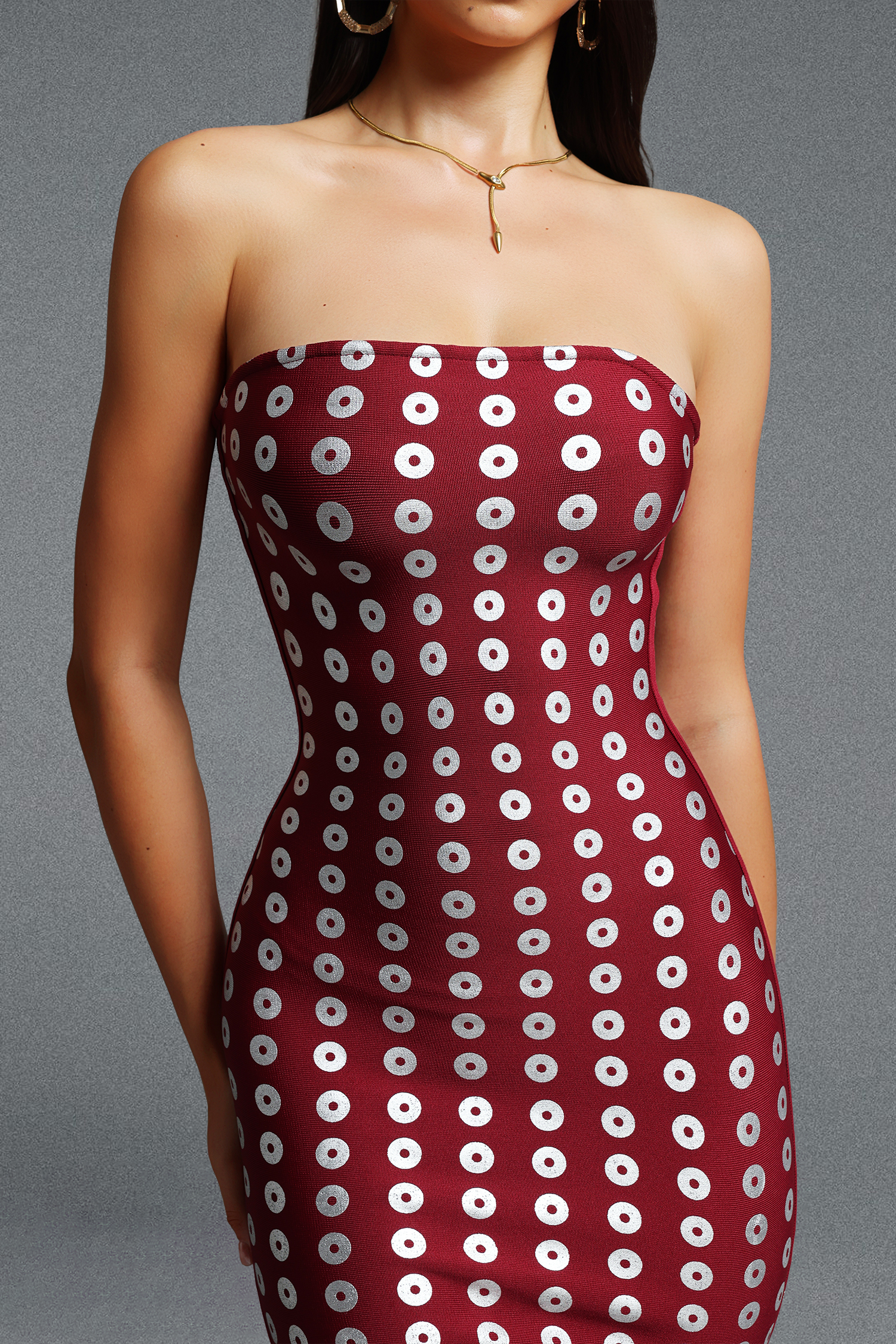 Valema Classic Strapless Ring Print Bandage Midi Dress