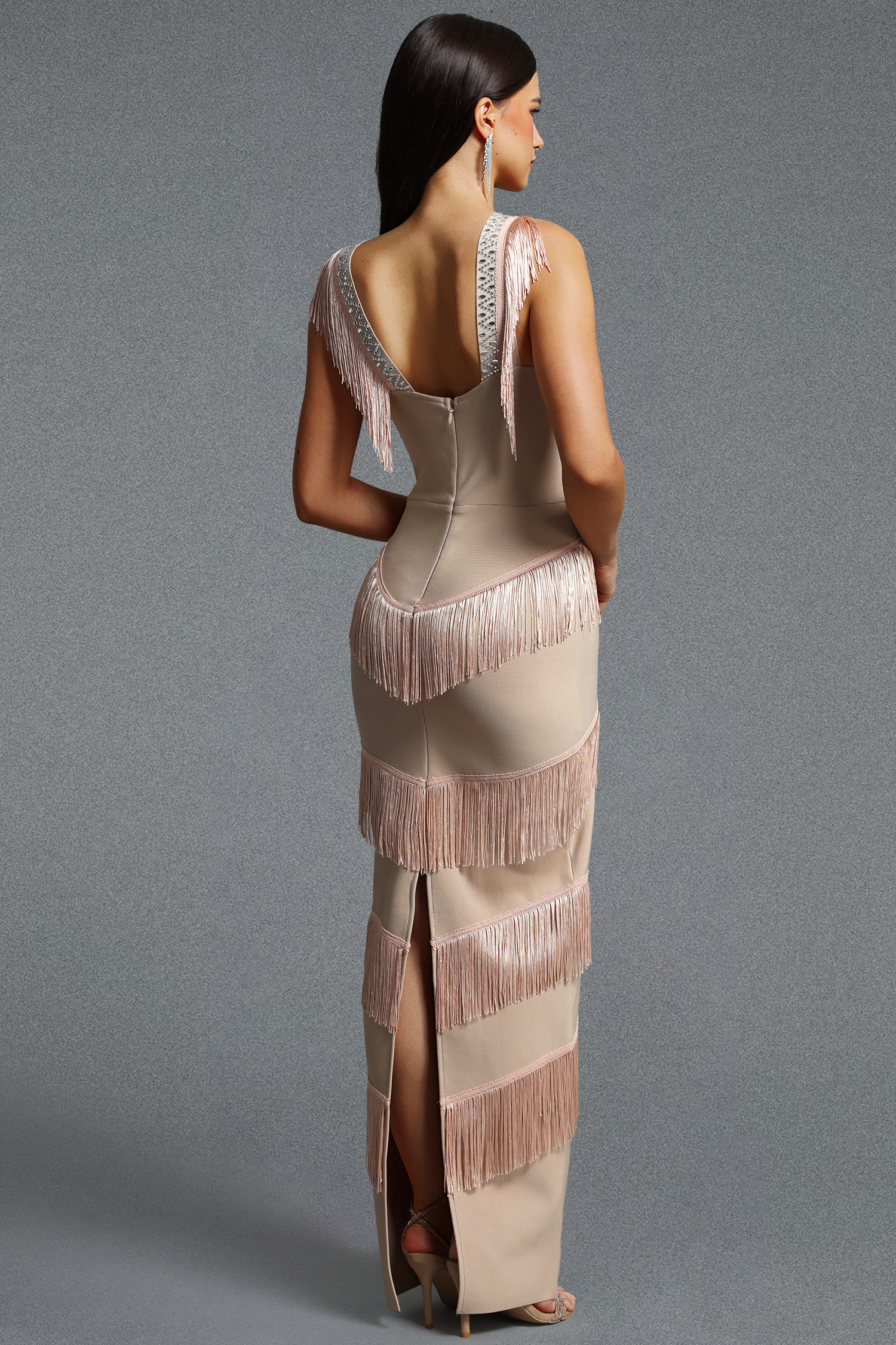 Rosalind Glamorous Sleeveless V Neck Rhinestone Tassel Bandage Maxi Dress