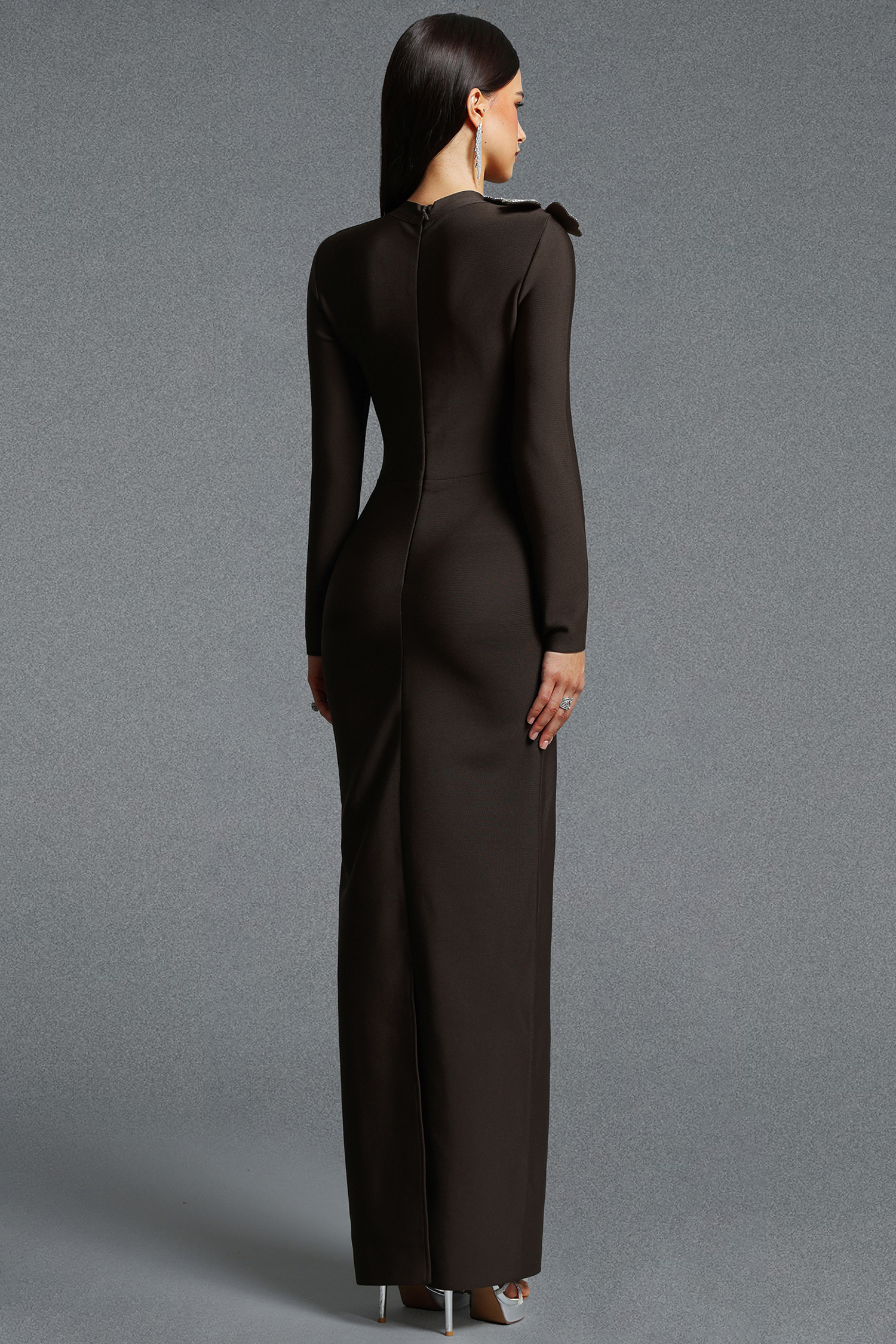 Jayden Fitted Long Sleeve Rhinestone Floral Brown Bandage Maxi Dress