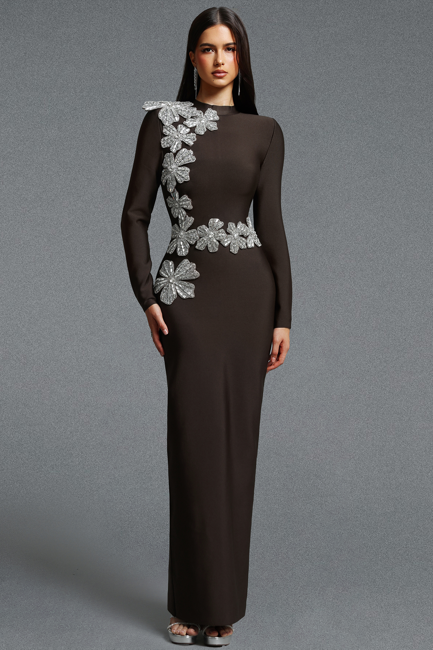 Jayden Fitted Long Sleeve Rhinestone Floral Brown Bandage Maxi Dress