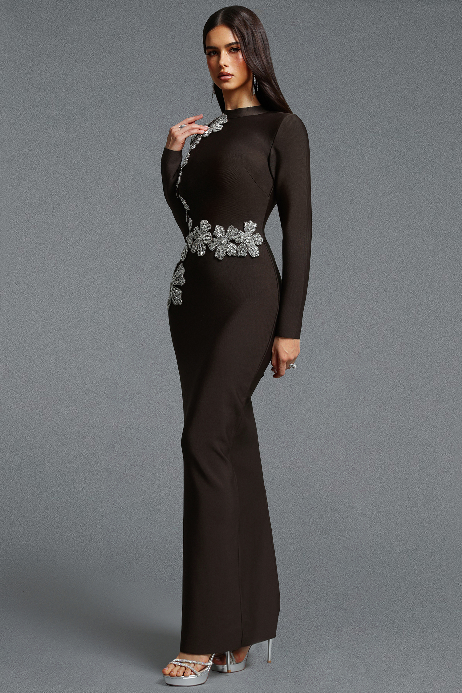 Jayden Fitted Long Sleeve Rhinestone Floral Brown Bandage Maxi Dress