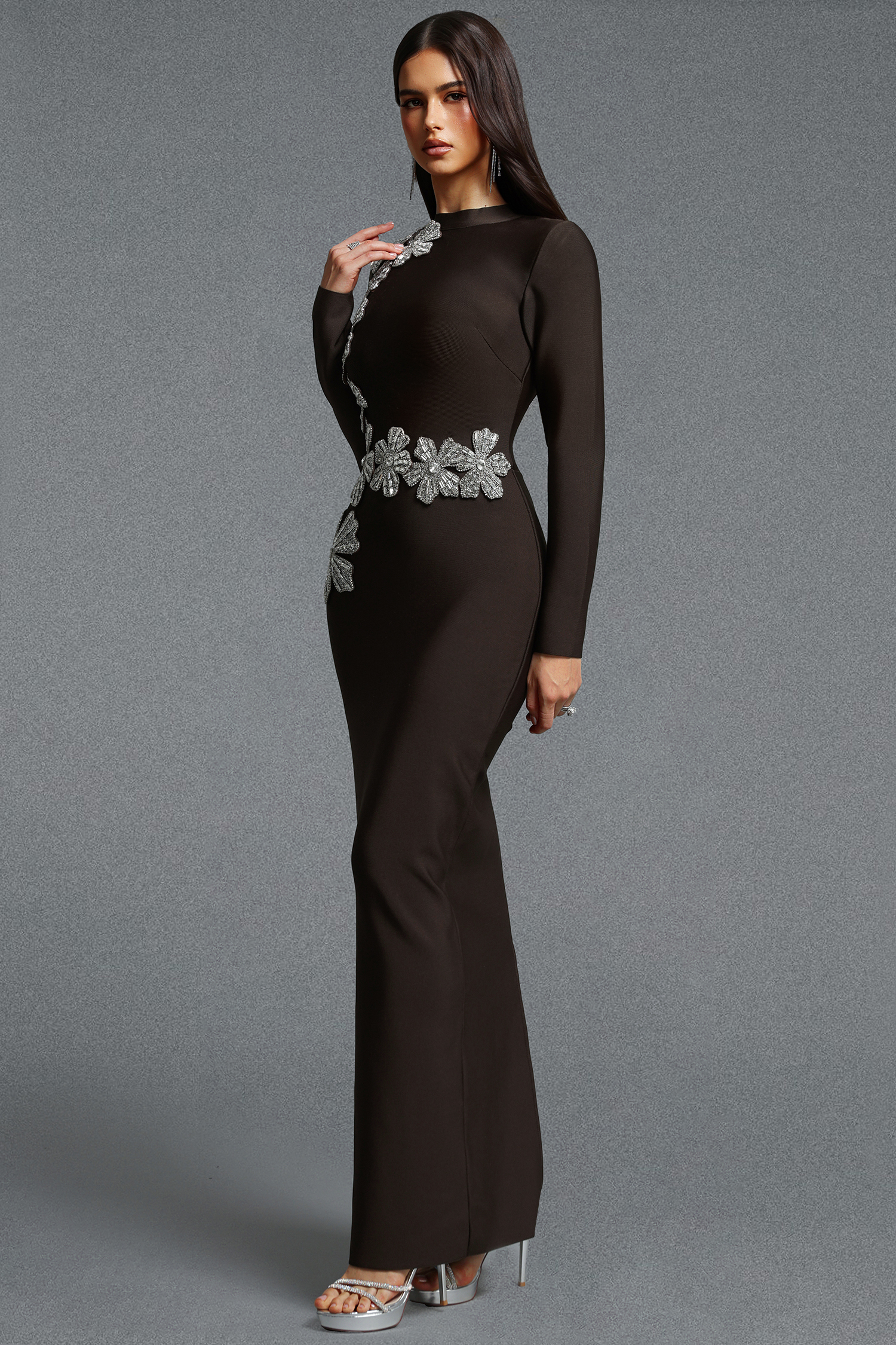 Jayden Fitted Long Sleeve Rhinestone Floral Brown Bandage Maxi Dress